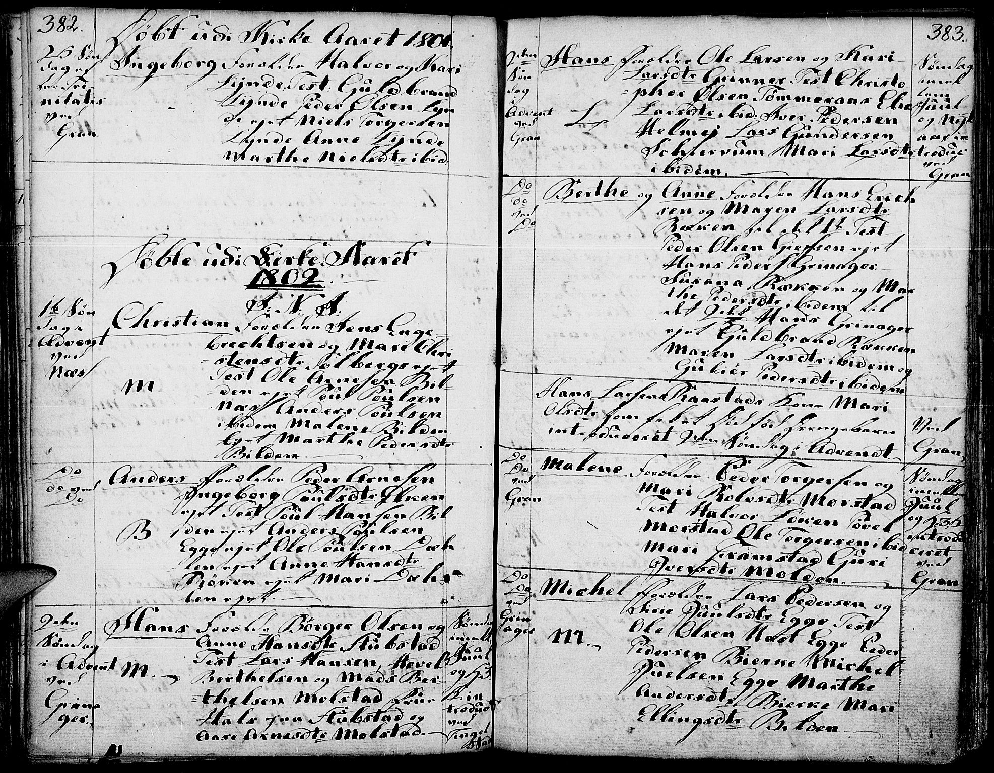 Gran prestekontor, SAH/PREST-112/H/Ha/Haa/L0006: Parish register (official) no. 6, 1787-1824, p. 382-383