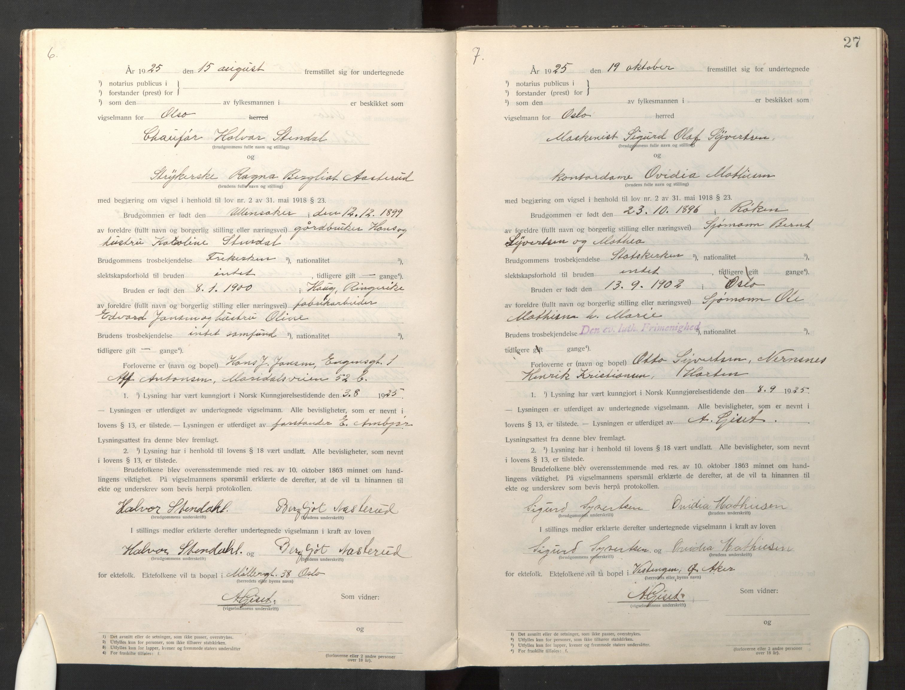 Den evangelisk-lutherske frikirke østre menighet, Oslo, AV/SAO-PAO-0245/F/L0005: Marriage register (dissenter) no. 5, 1920-1941, p. 27