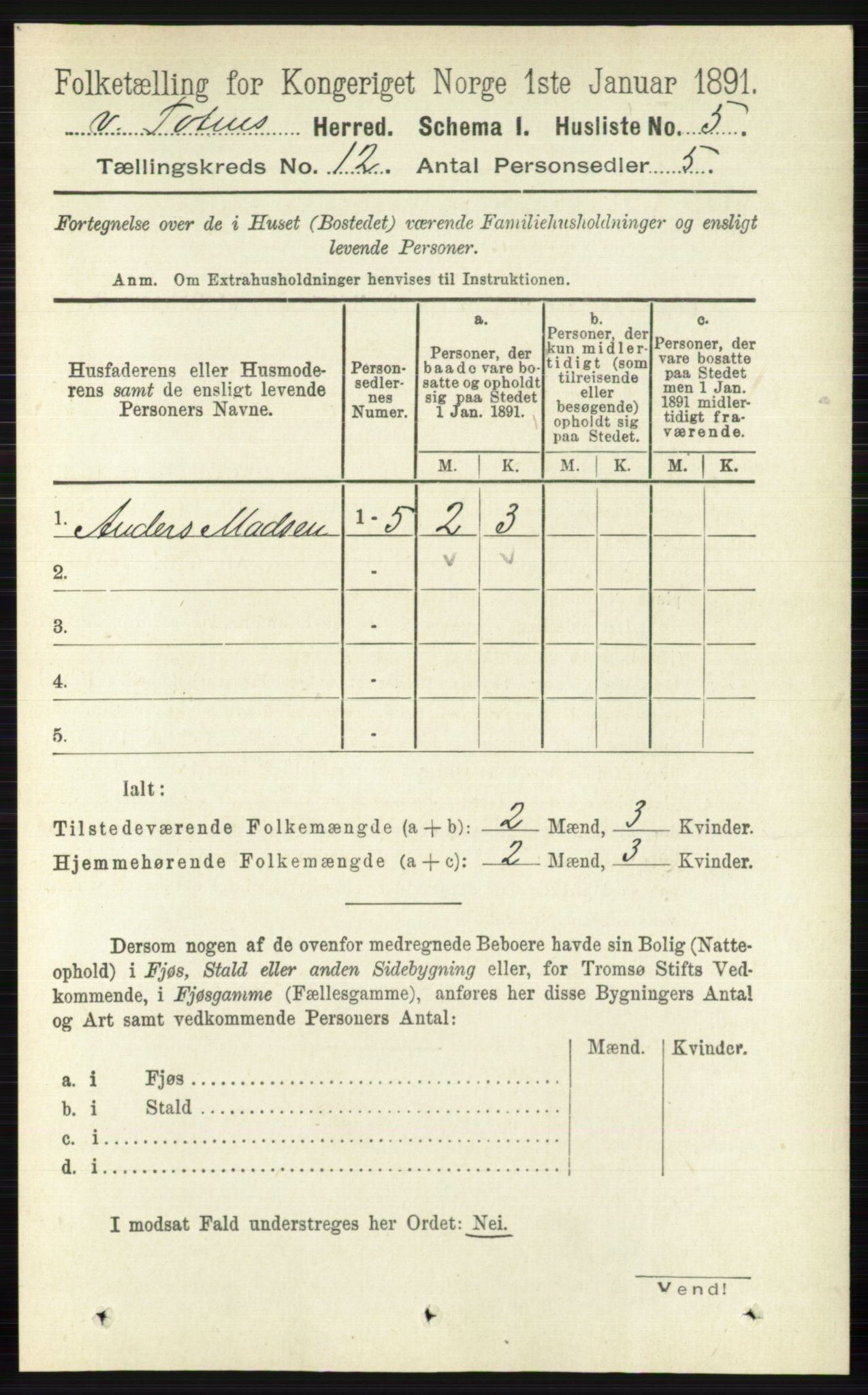 RA, 1891 census for 0529 Vestre Toten, 1891, p. 7205