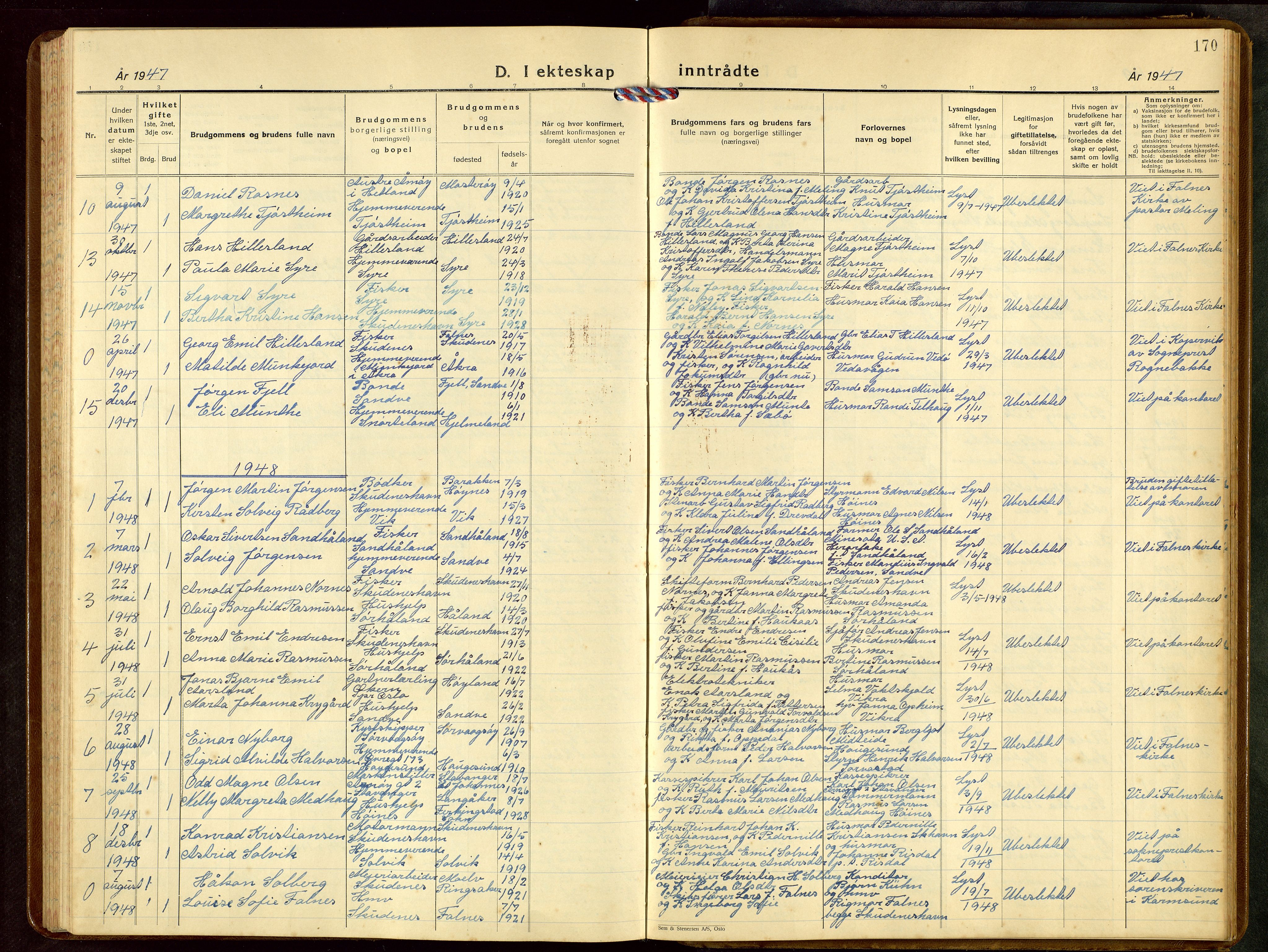 Skudenes sokneprestkontor, SAST/A -101849/H/Ha/Hab/L0013: Parish register (copy) no. B 13, 1937-1954, p. 170