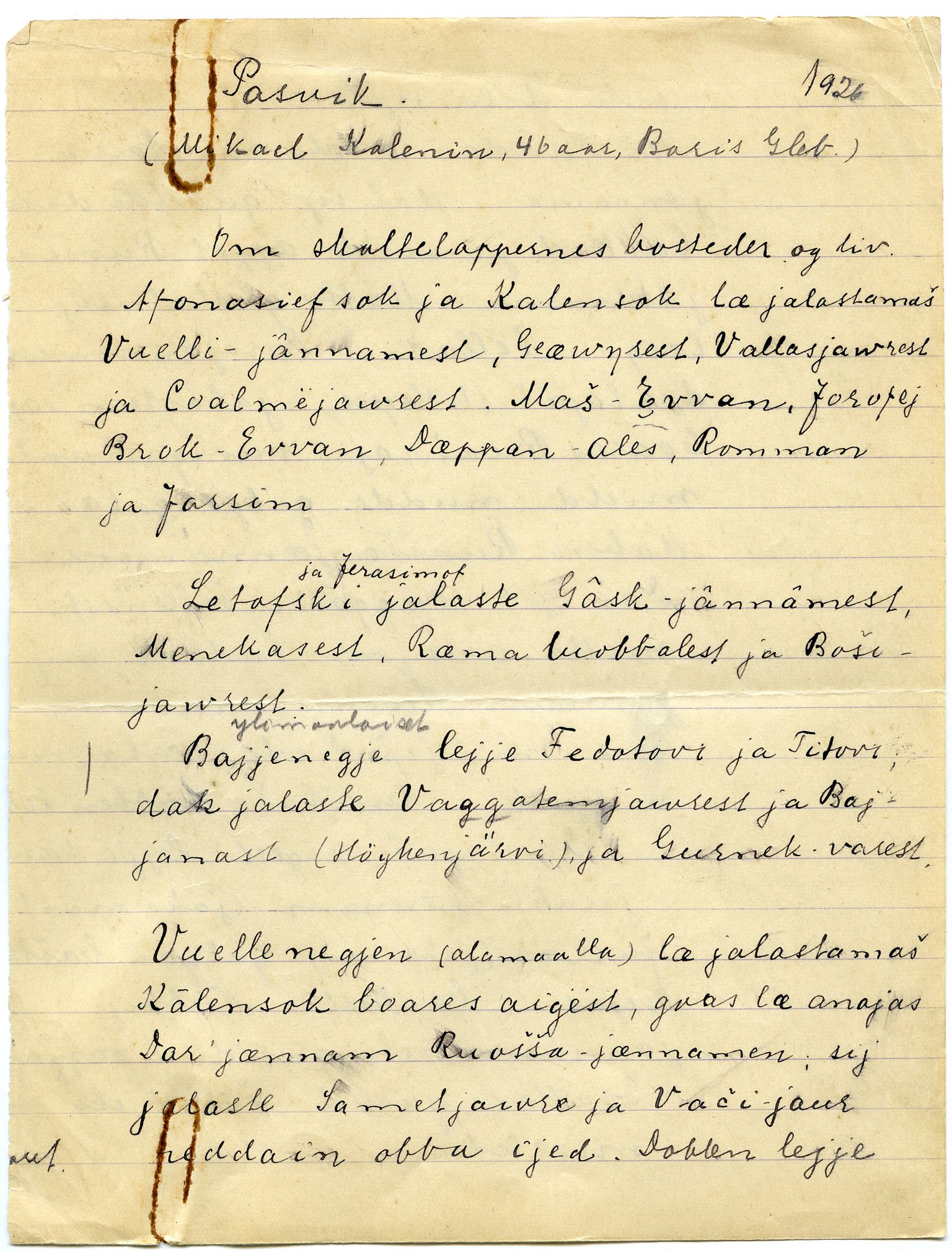 Johan Beronkas testamentariske gave, FMFB/A-1098/G/L0019: Notatbok om Pasvik–lappisk (4 stykker), 1928-1929, p. 4