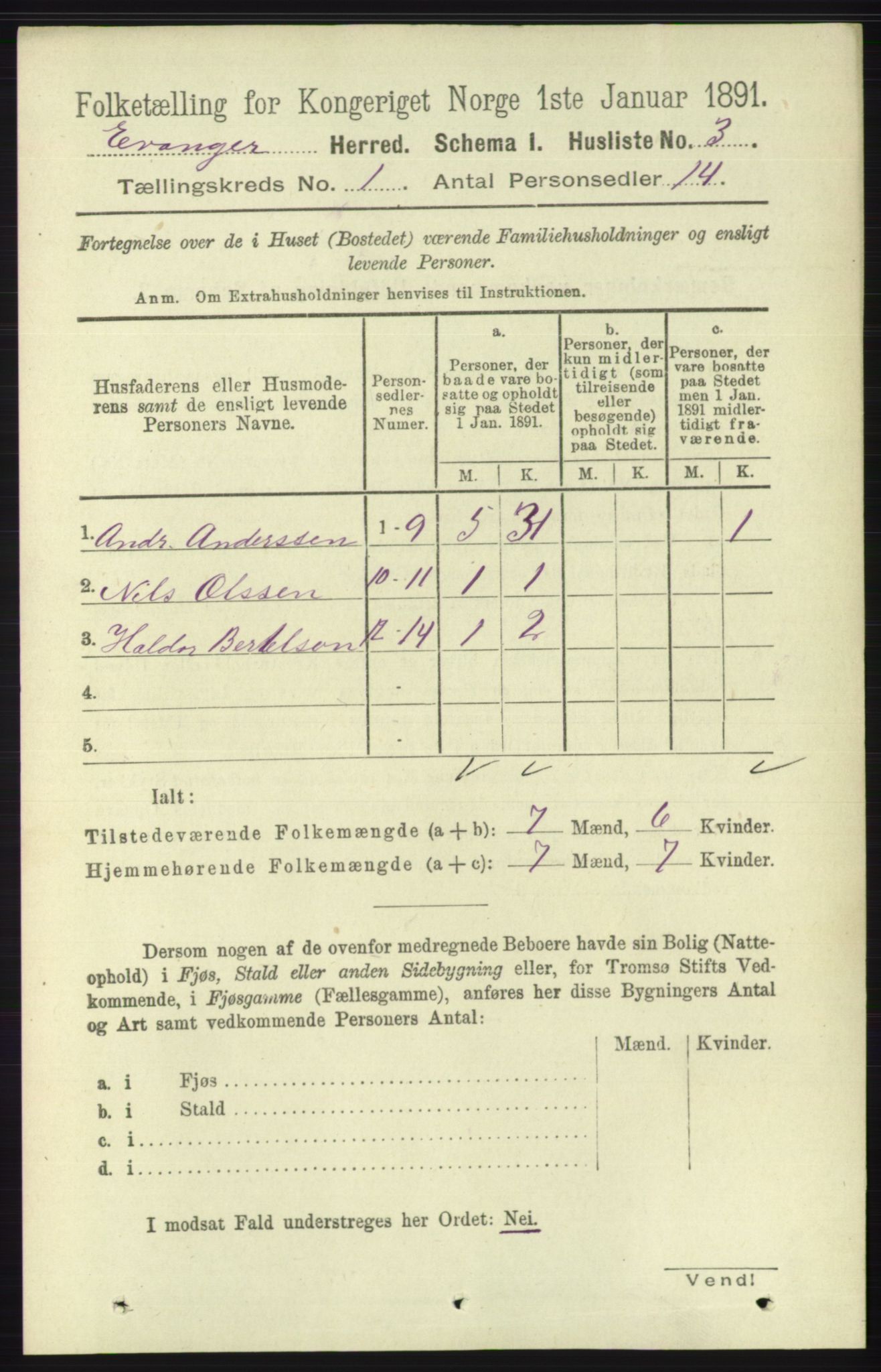 RA, 1891 census for 1237 Evanger, 1891, p. 27