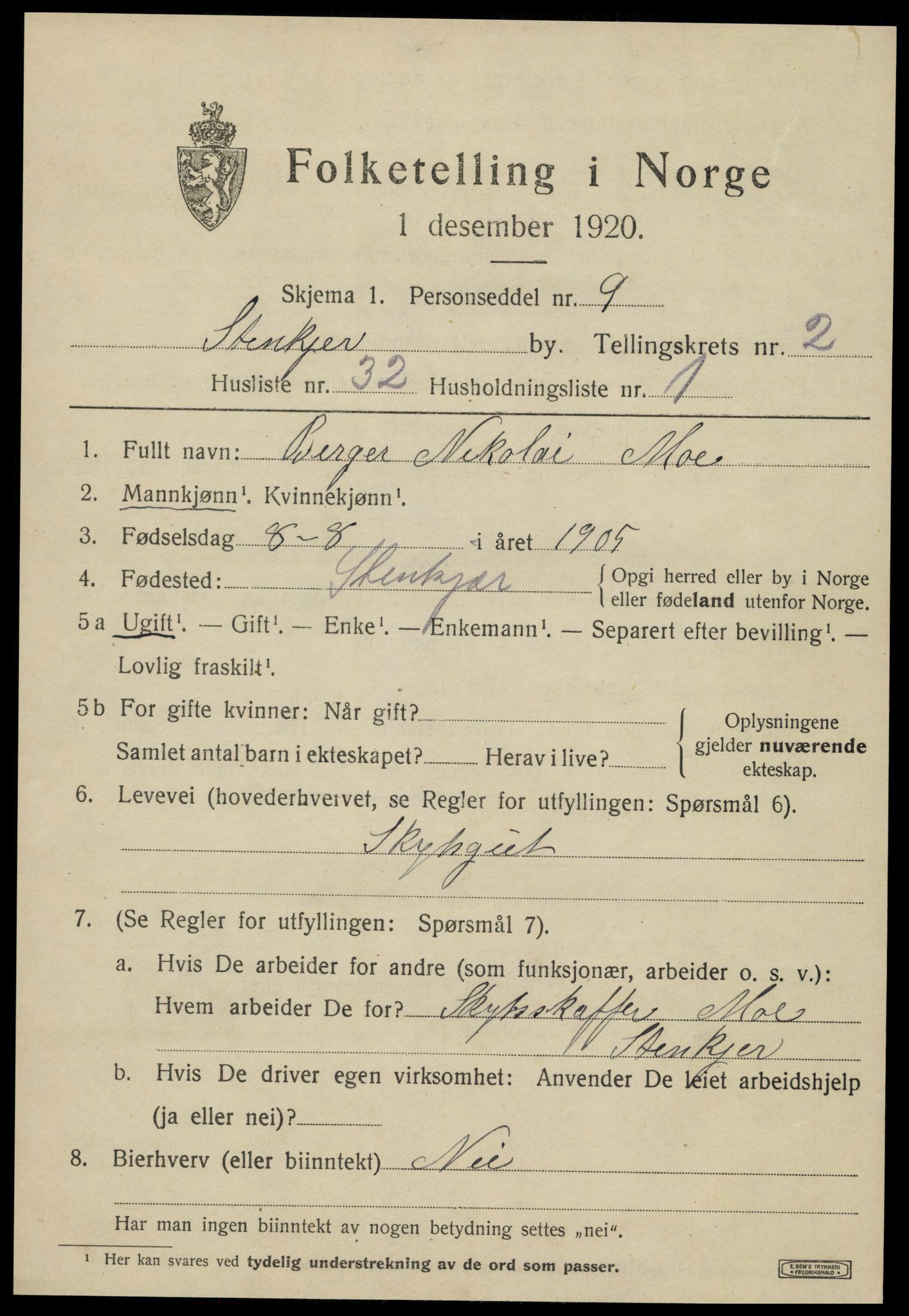 SAT, 1920 census for Steinkjer, 1920, p. 4868