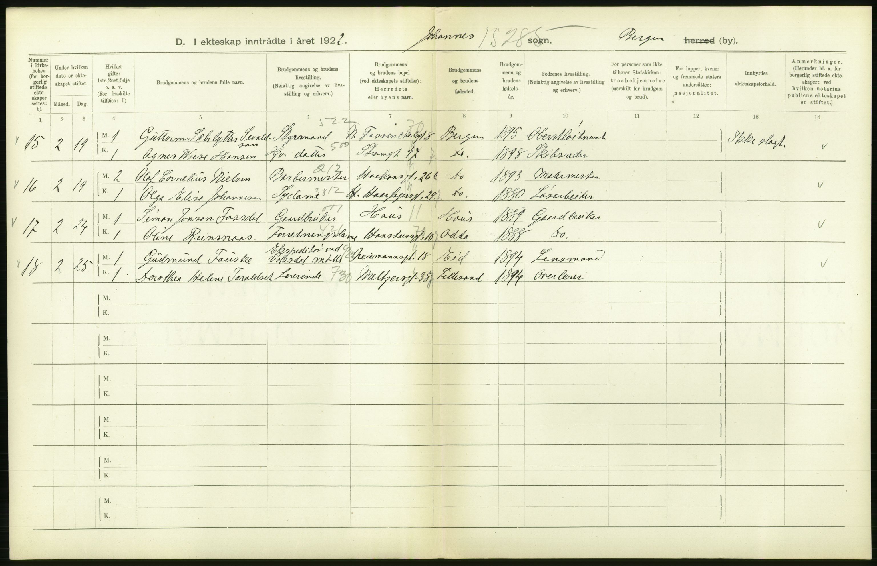 Statistisk sentralbyrå, Sosiodemografiske emner, Befolkning, AV/RA-S-2228/D/Df/Dfc/Dfcb/L0030: Bergen: Gifte, døde, dødfødte., 1922, p. 184