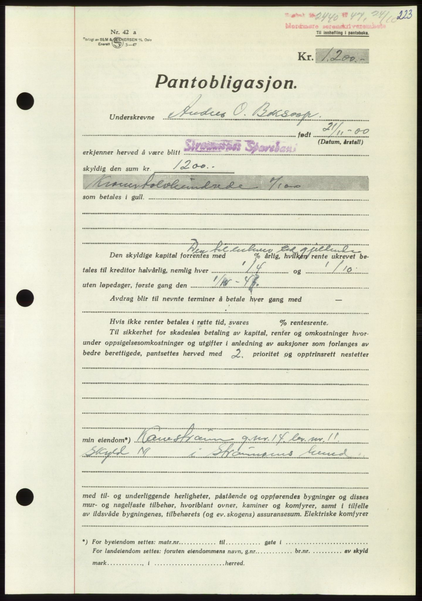 Nordmøre sorenskriveri, AV/SAT-A-4132/1/2/2Ca: Mortgage book no. B97, 1947-1948, Diary no: : 2440/1947