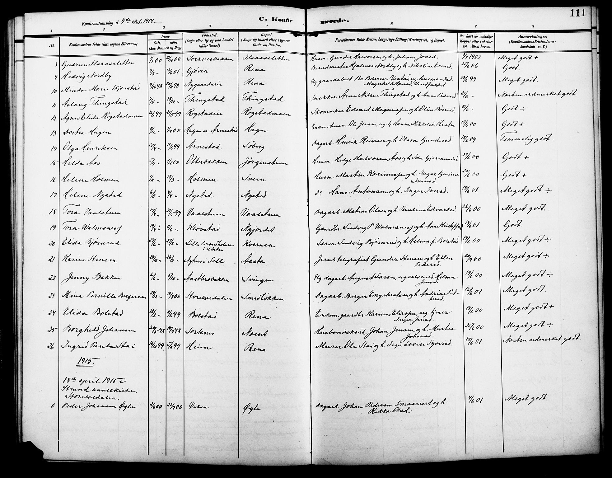 Åmot prestekontor, Hedmark, SAH/PREST-056/H/Ha/Hab/L0004: Parish register (copy) no. 4, 1905-1920, p. 111