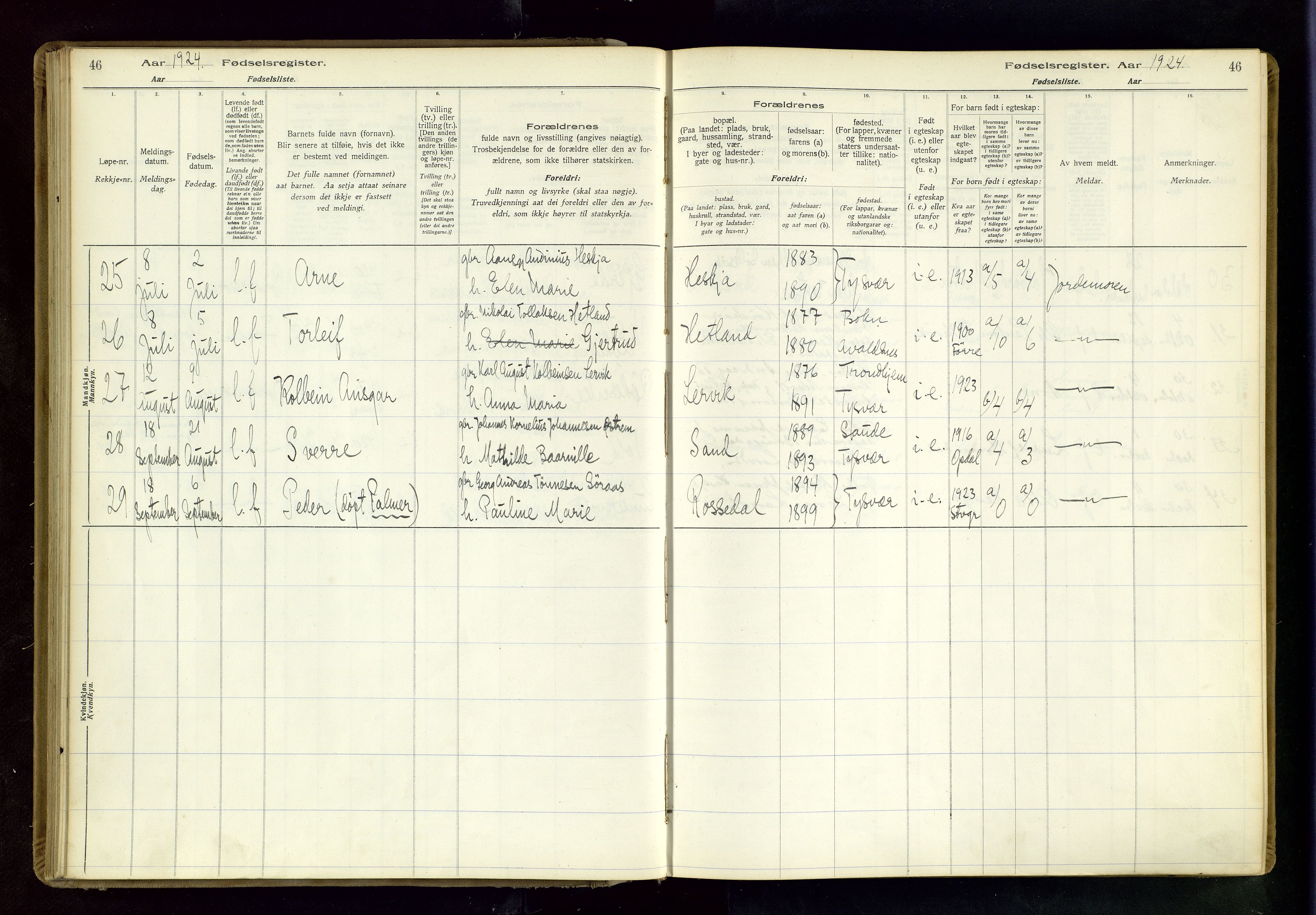 Tysvær sokneprestkontor, AV/SAST-A -101864/I/Id/L0001: Birth register no. 1, 1916-1954, p. 46