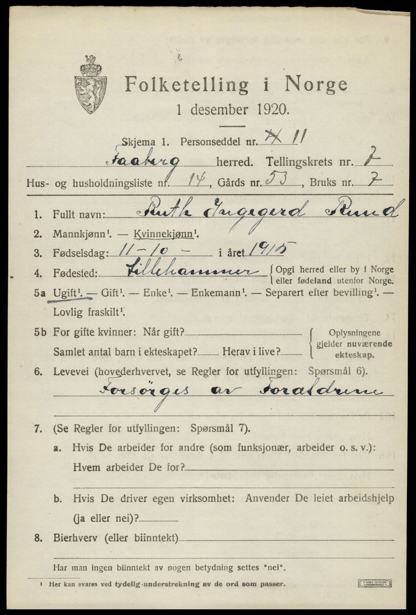 SAH, 1920 census for Fåberg, 1920, p. 7996