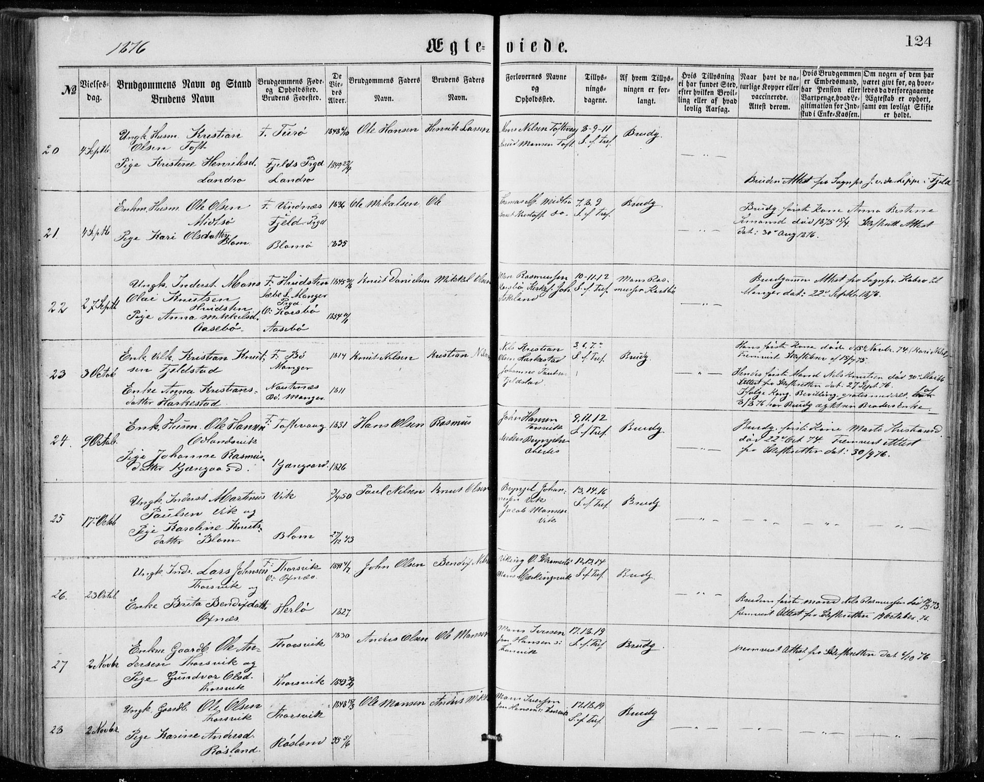 Herdla Sokneprestembete, SAB/A-75701/H/Haa: Parish register (official) no. A 2, 1869-1877, p. 124