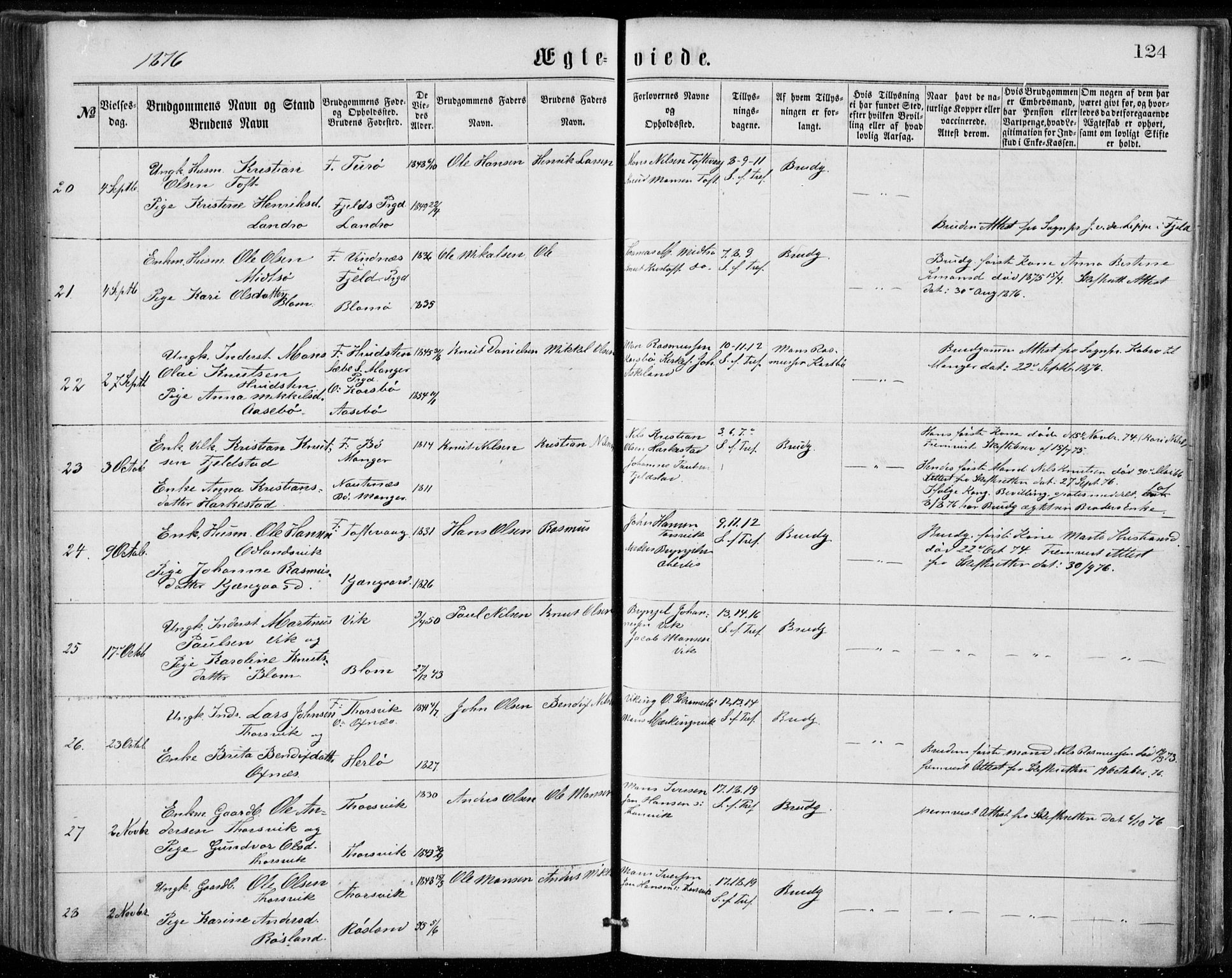 Herdla Sokneprestembete, AV/SAB-A-75701/H/Haa: Parish register (official) no. A 2, 1869-1877, p. 124