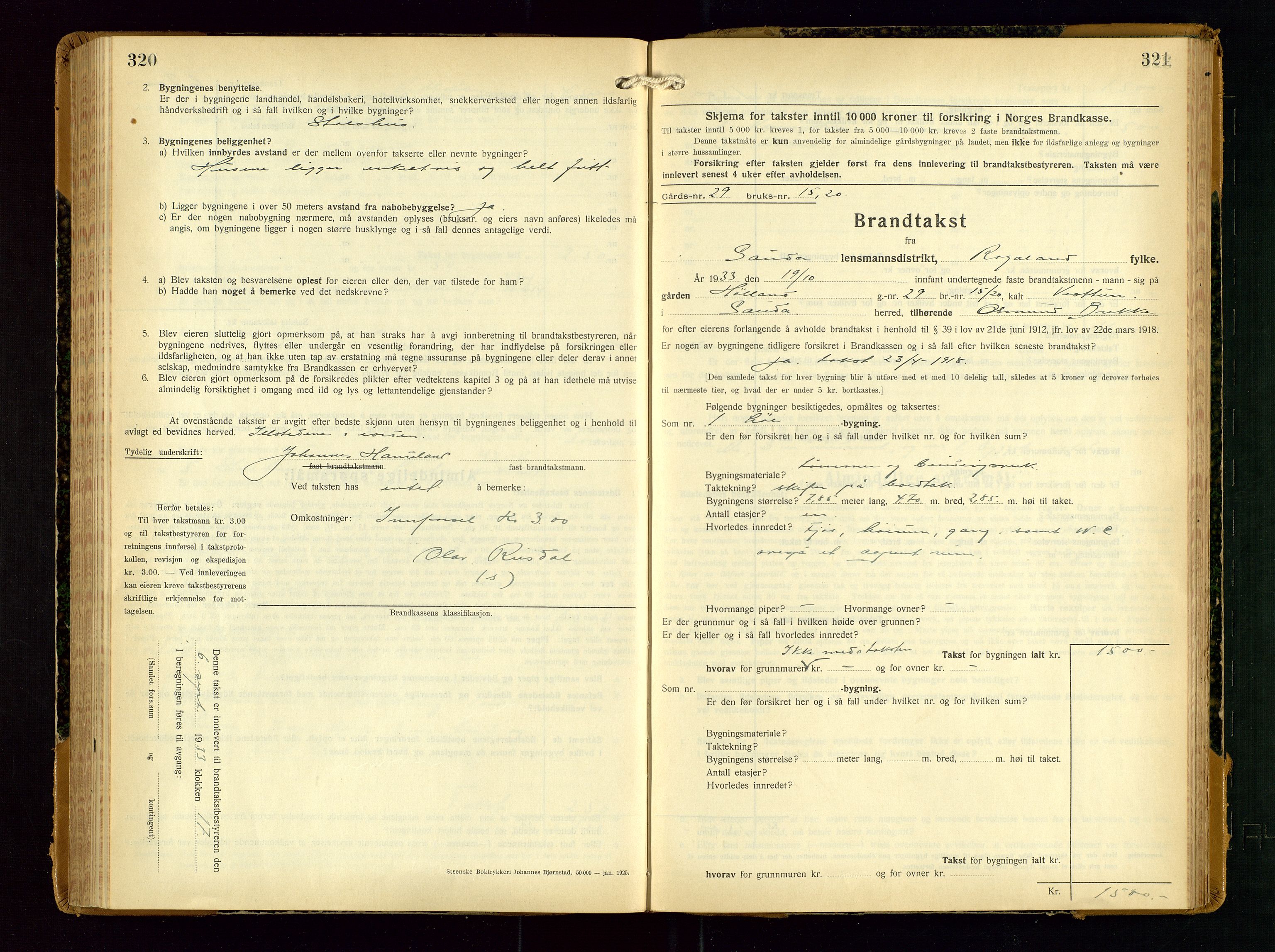 Sauda lensmannskontor, AV/SAST-A-100177/Gob/L0003: Branntakstprotokoll - skjematakst, 1928-1936, p. 320-321