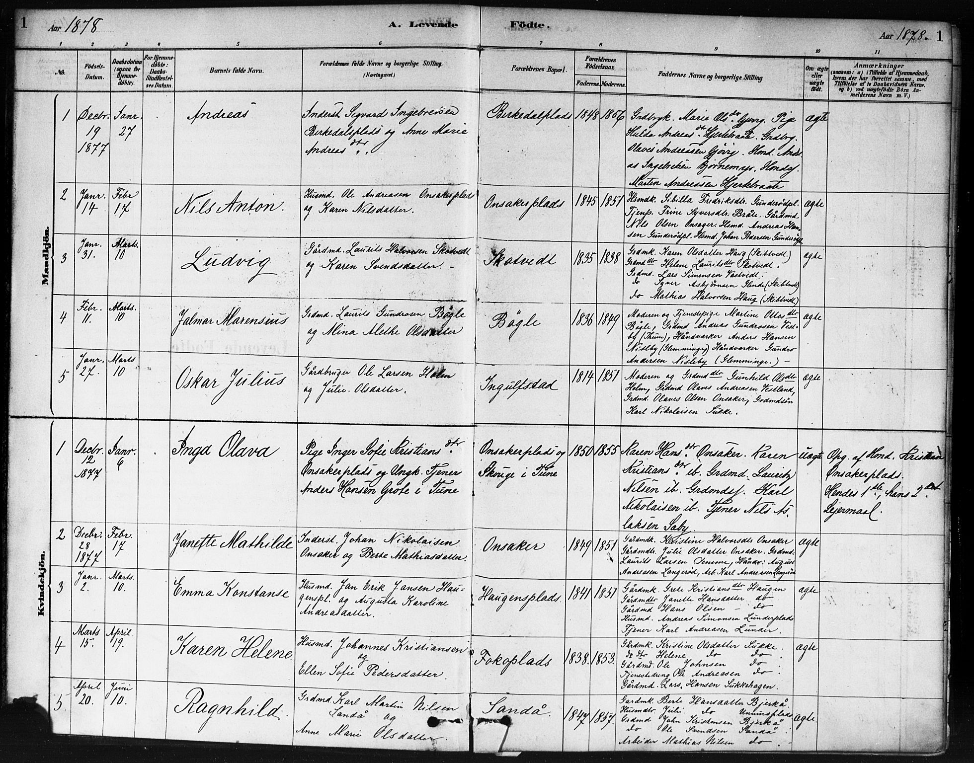 Våler prestekontor Kirkebøker, AV/SAO-A-11083/F/Fb/L0001: Parish register (official) no. II 1, 1878-1896, p. 1