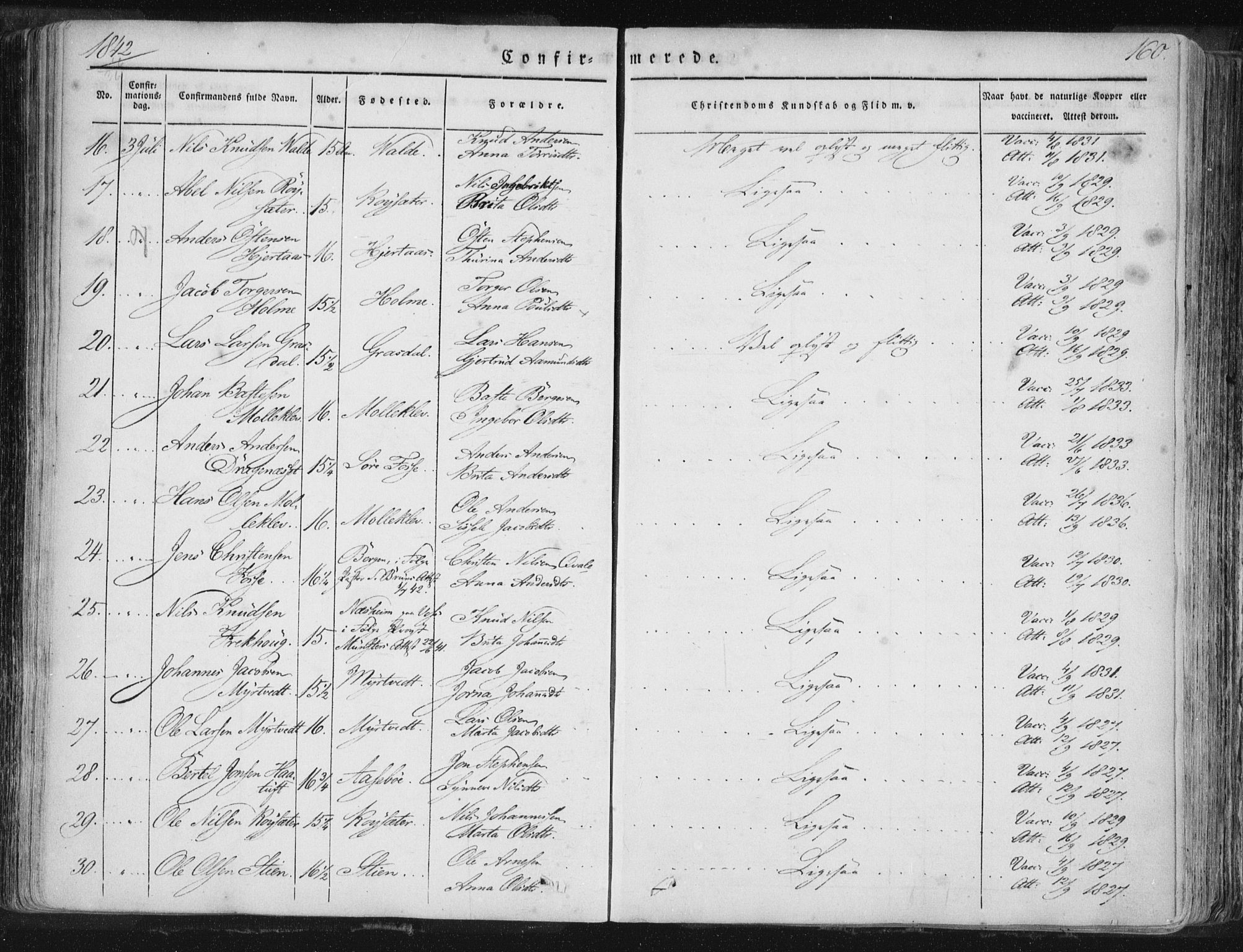 Hamre sokneprestembete, SAB/A-75501/H/Ha/Haa/Haaa/L0012: Parish register (official) no. A 12, 1834-1845, p. 160
