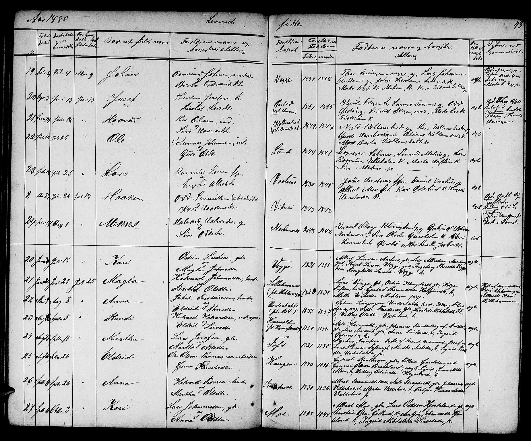 Suldal sokneprestkontor, SAST/A-101845/01/V/L0004: Parish register (copy) no. B 4, 1866-1885, p. 43