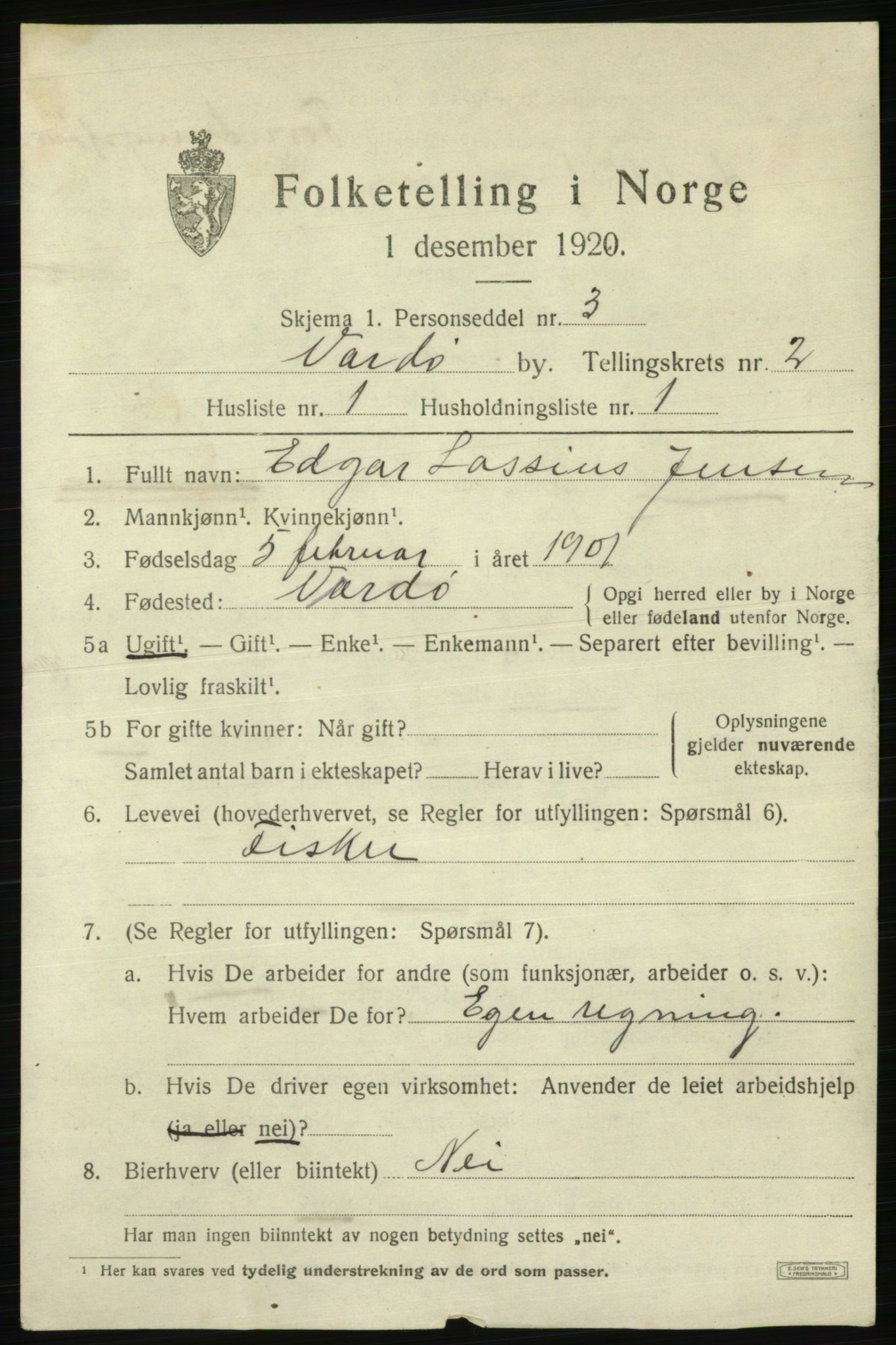 SATØ, 1920 census for Vardø, 1920, p. 5574