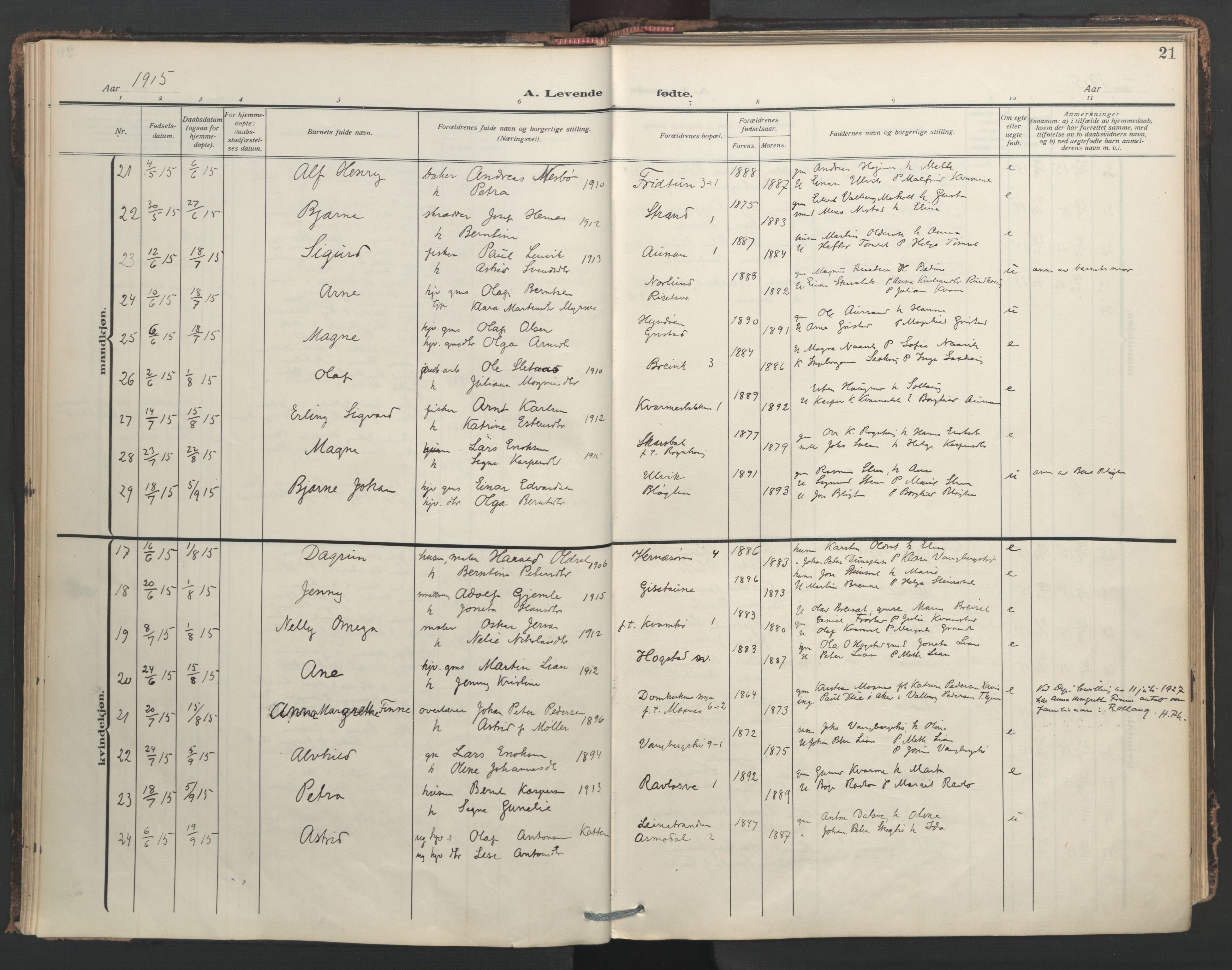 Ministerialprotokoller, klokkerbøker og fødselsregistre - Nord-Trøndelag, AV/SAT-A-1458/713/L0123: Parish register (official) no. 713A12, 1911-1925, p. 21