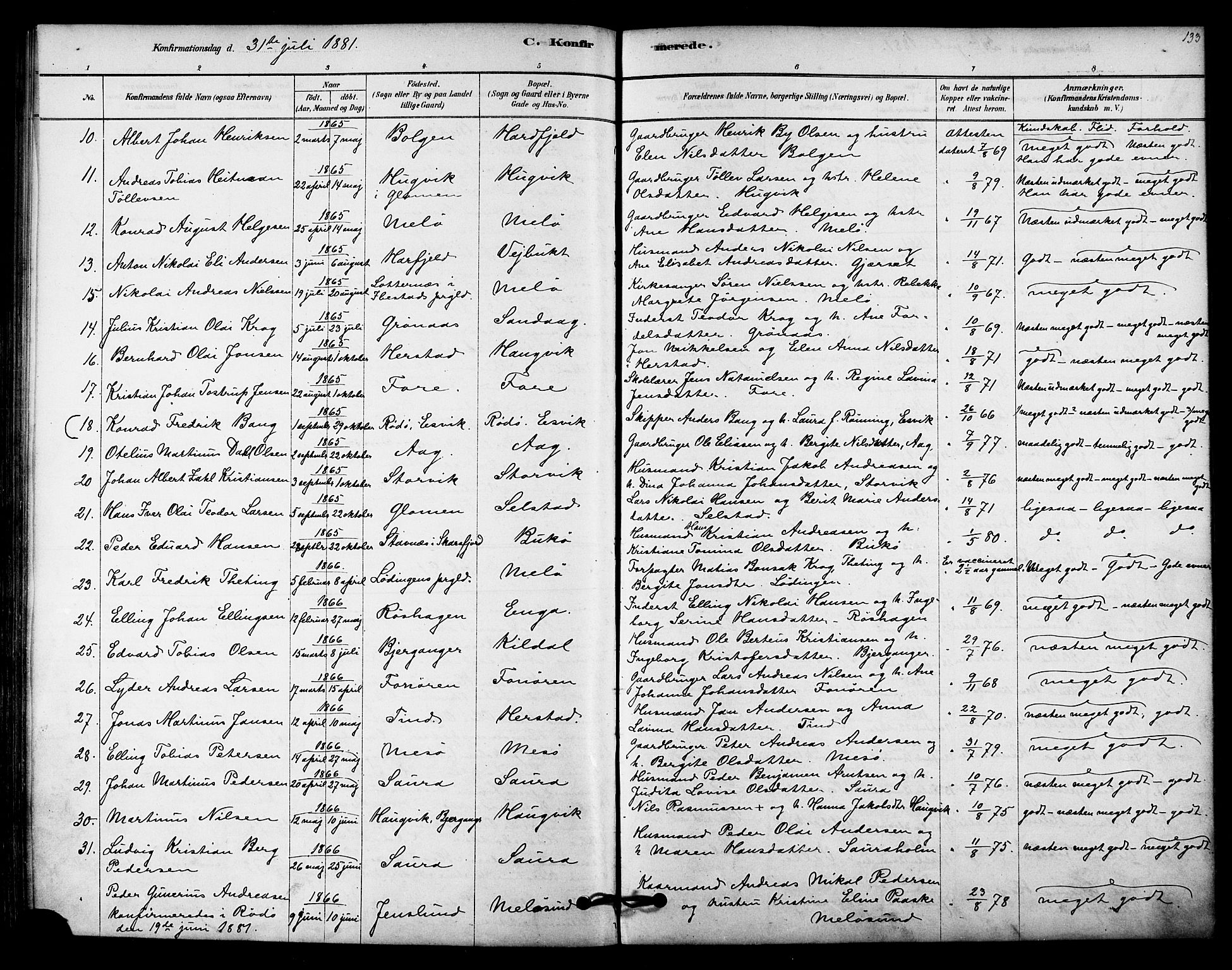 Ministerialprotokoller, klokkerbøker og fødselsregistre - Nordland, SAT/A-1459/843/L0626: Parish register (official) no. 843A01, 1878-1907, p. 133