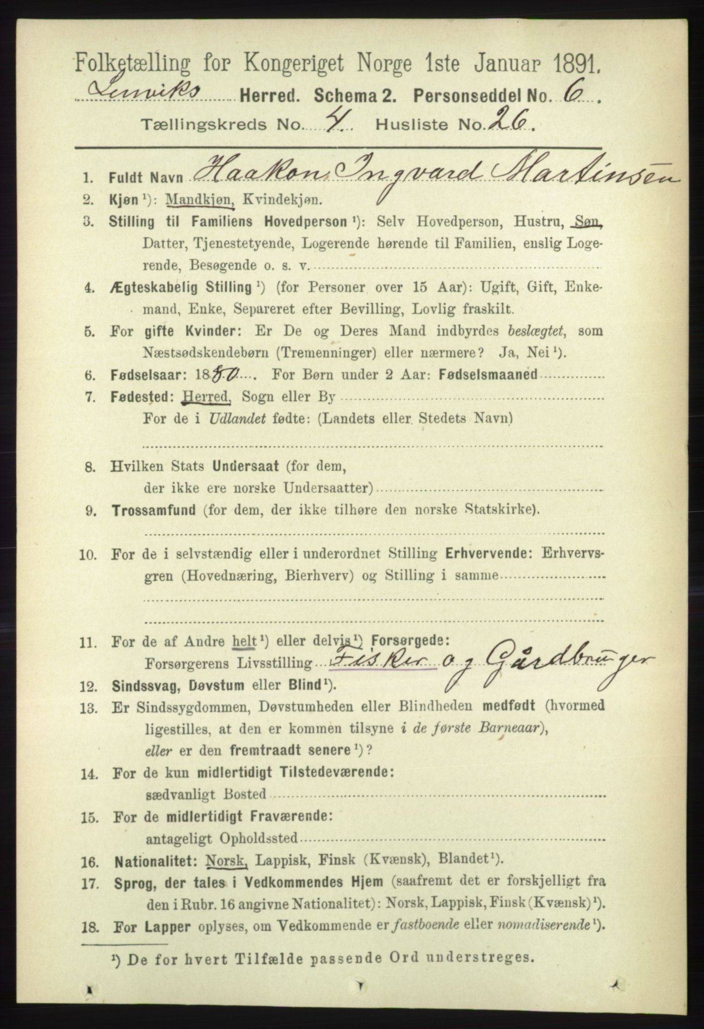 RA, 1891 census for 1931 Lenvik, 1891, p. 2074