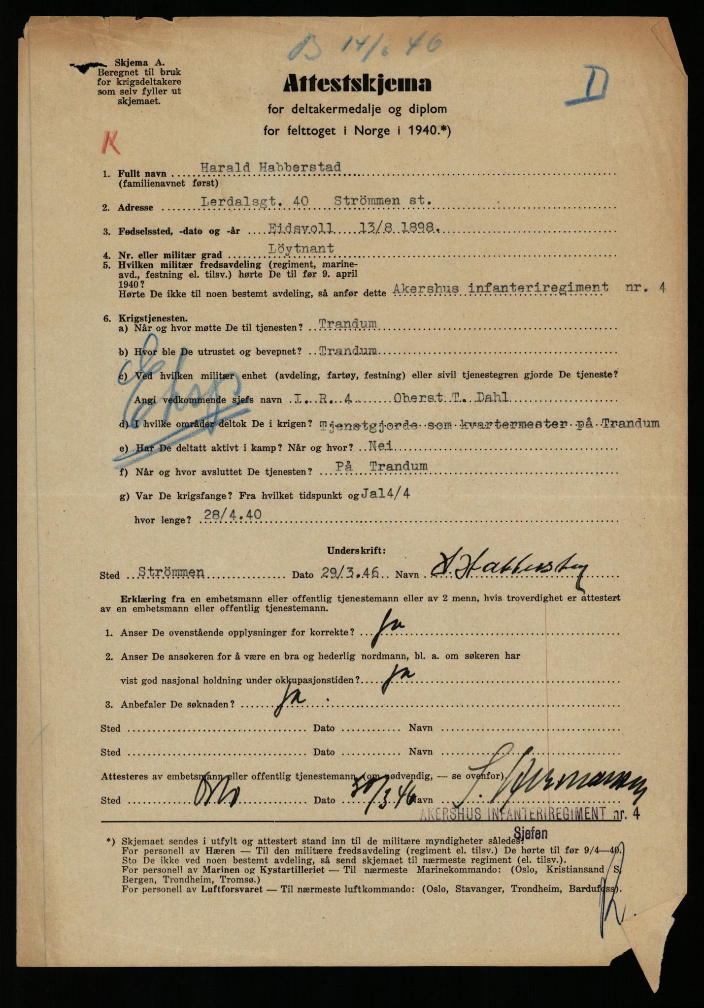 Forsvaret, Jegerkorpset - Akershus infantriregiment nr. 4, AV/RA-RAFA-2947/D/Dd/L0055: DELTAKERMEDALJEN 2. VERDENSKRIG BOKS 3 H-M, 1945-1950, p. 18