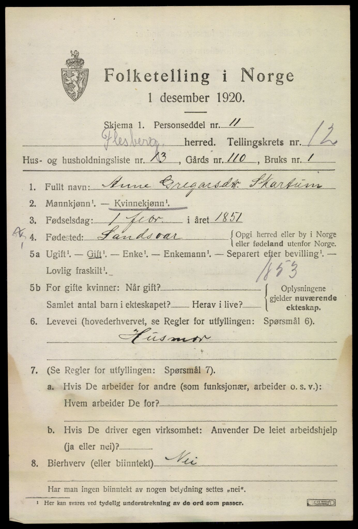 SAKO, 1920 census for Flesberg, 1920, p. 3973