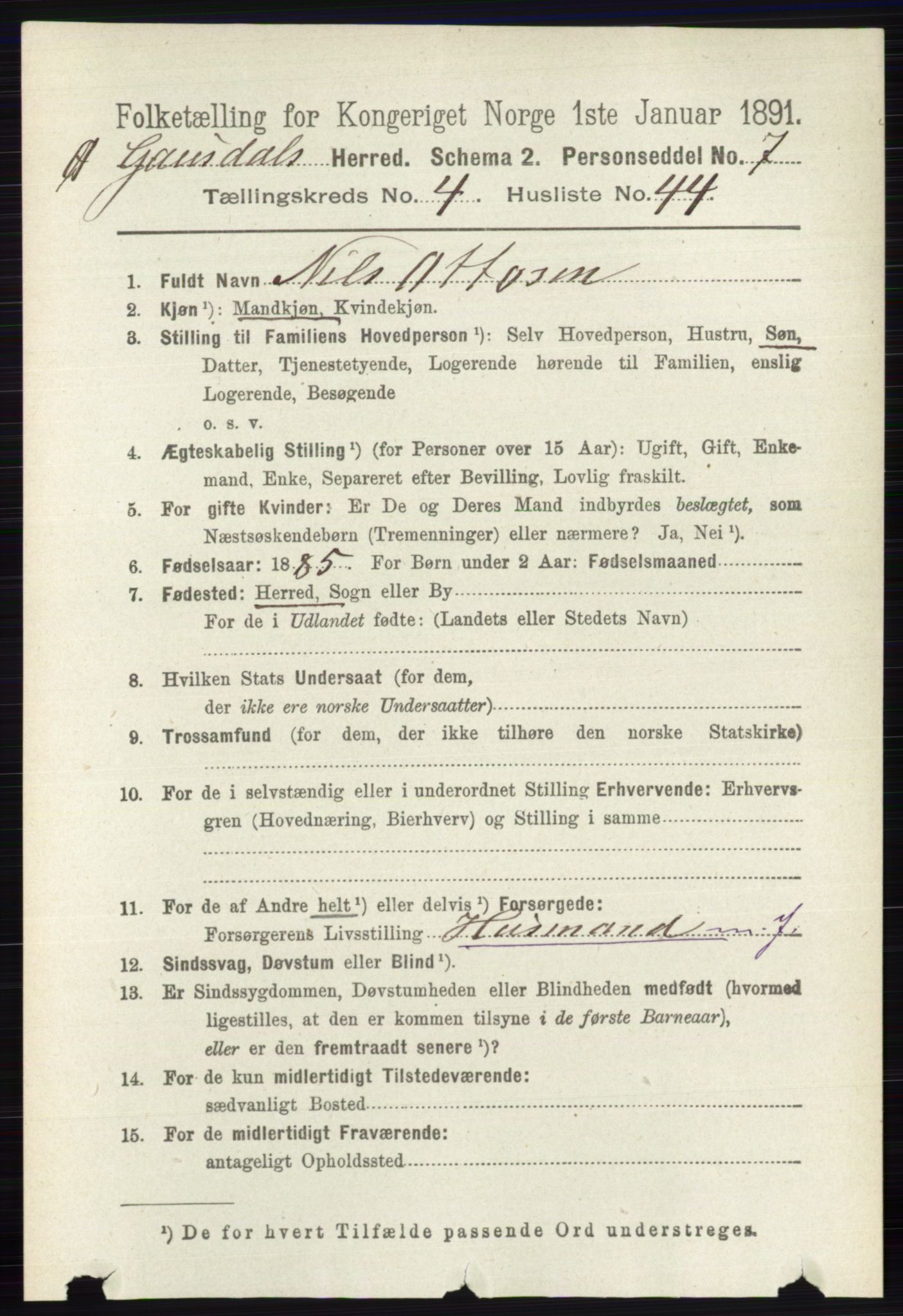 RA, 1891 census for 0522 Østre Gausdal, 1891, p. 2798