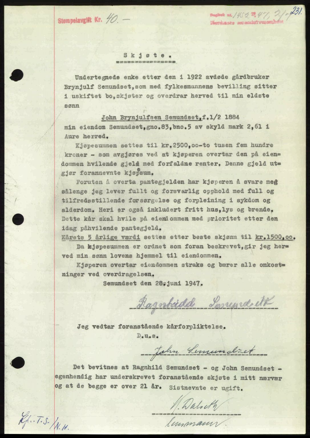 Nordmøre sorenskriveri, AV/SAT-A-4132/1/2/2Ca: Mortgage book no. A105, 1947-1947, Diary no: : 1452/1947