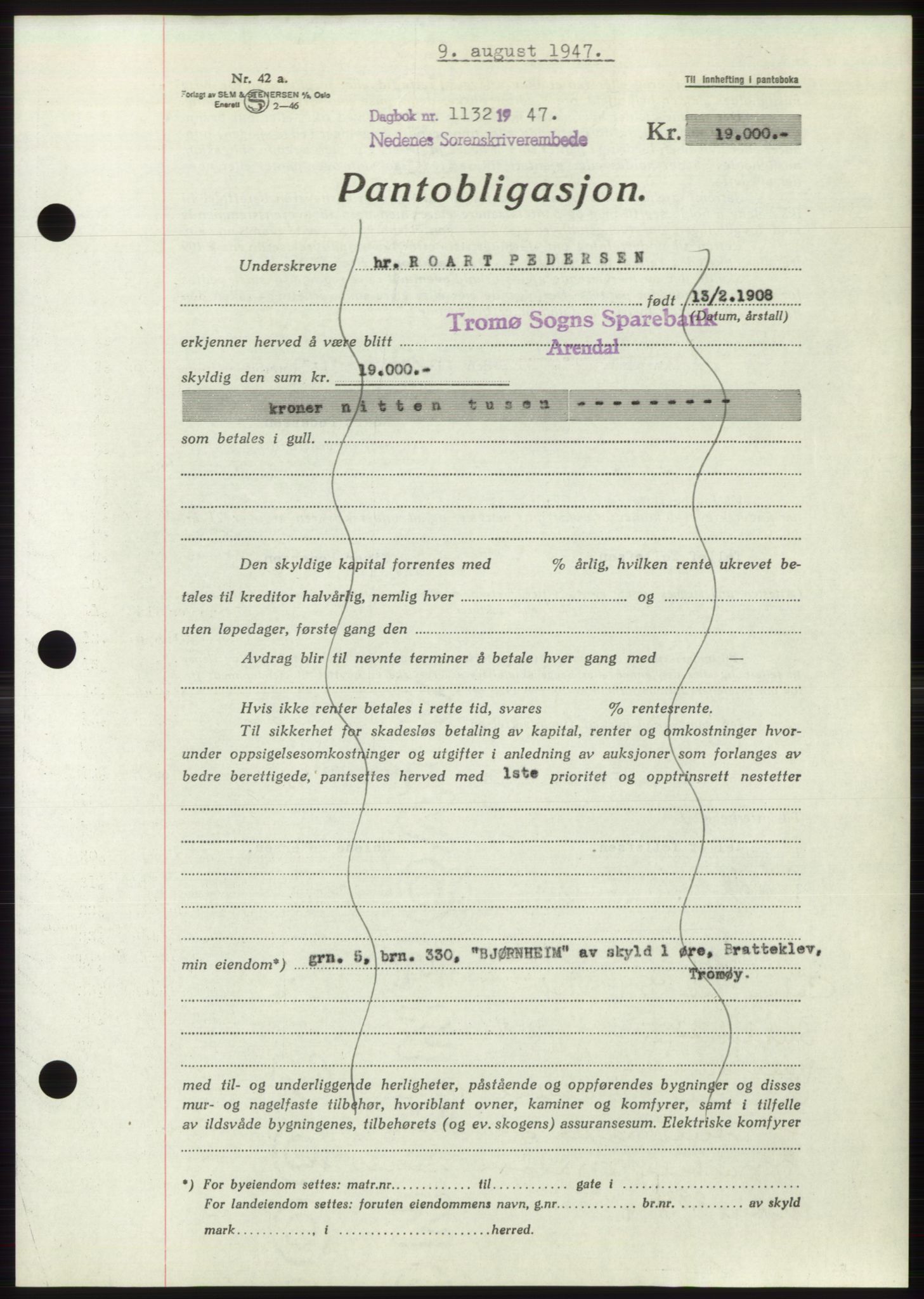 Nedenes sorenskriveri, AV/SAK-1221-0006/G/Gb/Gbb/L0004: Mortgage book no. B4, 1947-1947, Diary no: : 1132/1947