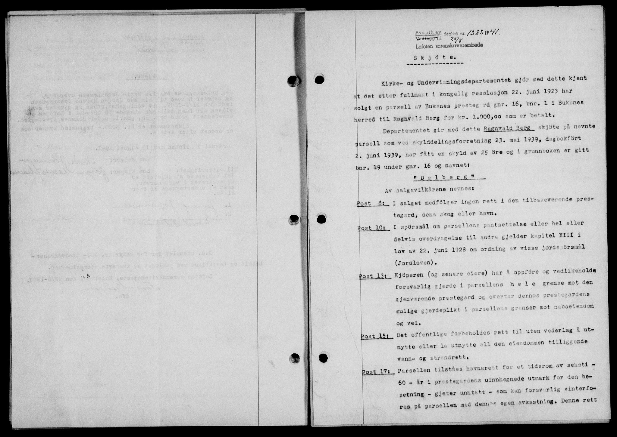 Lofoten sorenskriveri, SAT/A-0017/1/2/2C/L0008a: Mortgage book no. 8a, 1940-1941, Diary no: : 1383/1941