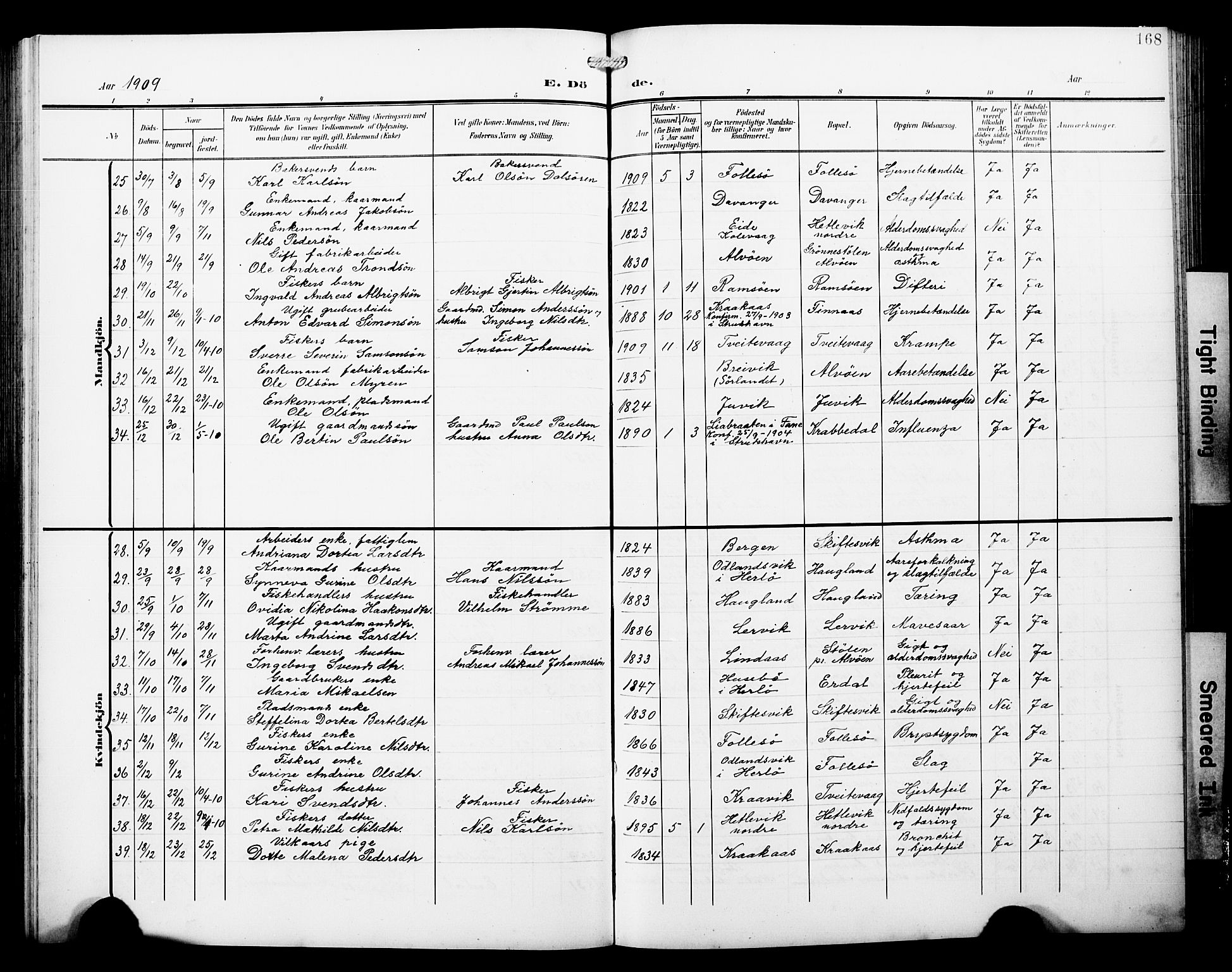 Askøy Sokneprestembete, AV/SAB-A-74101/H/Ha/Hab/Haba/L0014: Parish register (copy) no. A 14, 1904-1927, p. 168