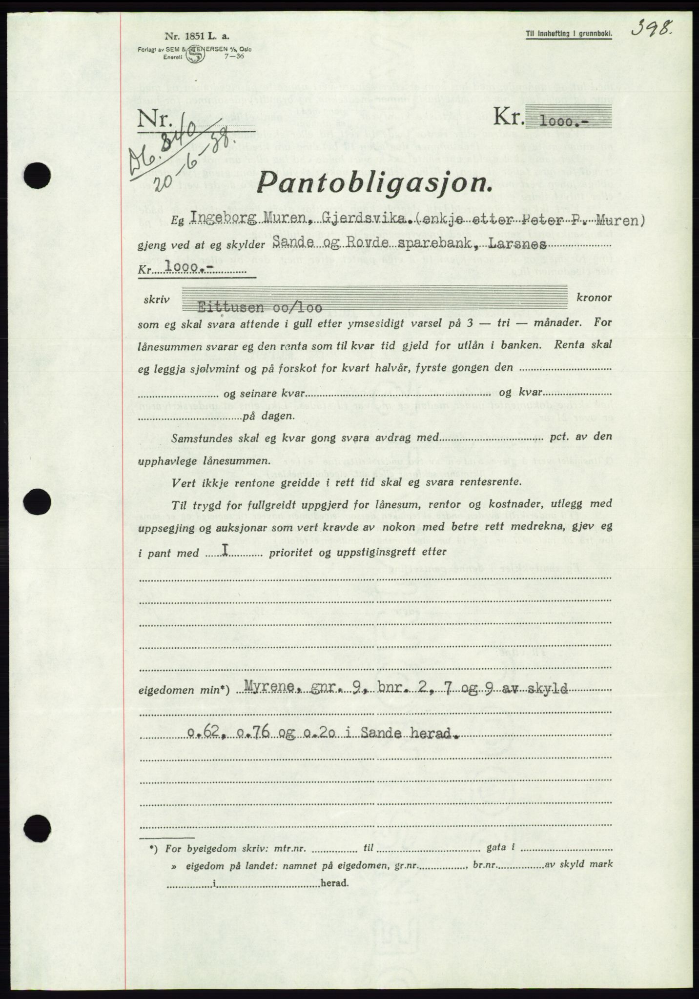 Søre Sunnmøre sorenskriveri, AV/SAT-A-4122/1/2/2C/L0065: Mortgage book no. 59, 1938-1938, Diary no: : 840/1938