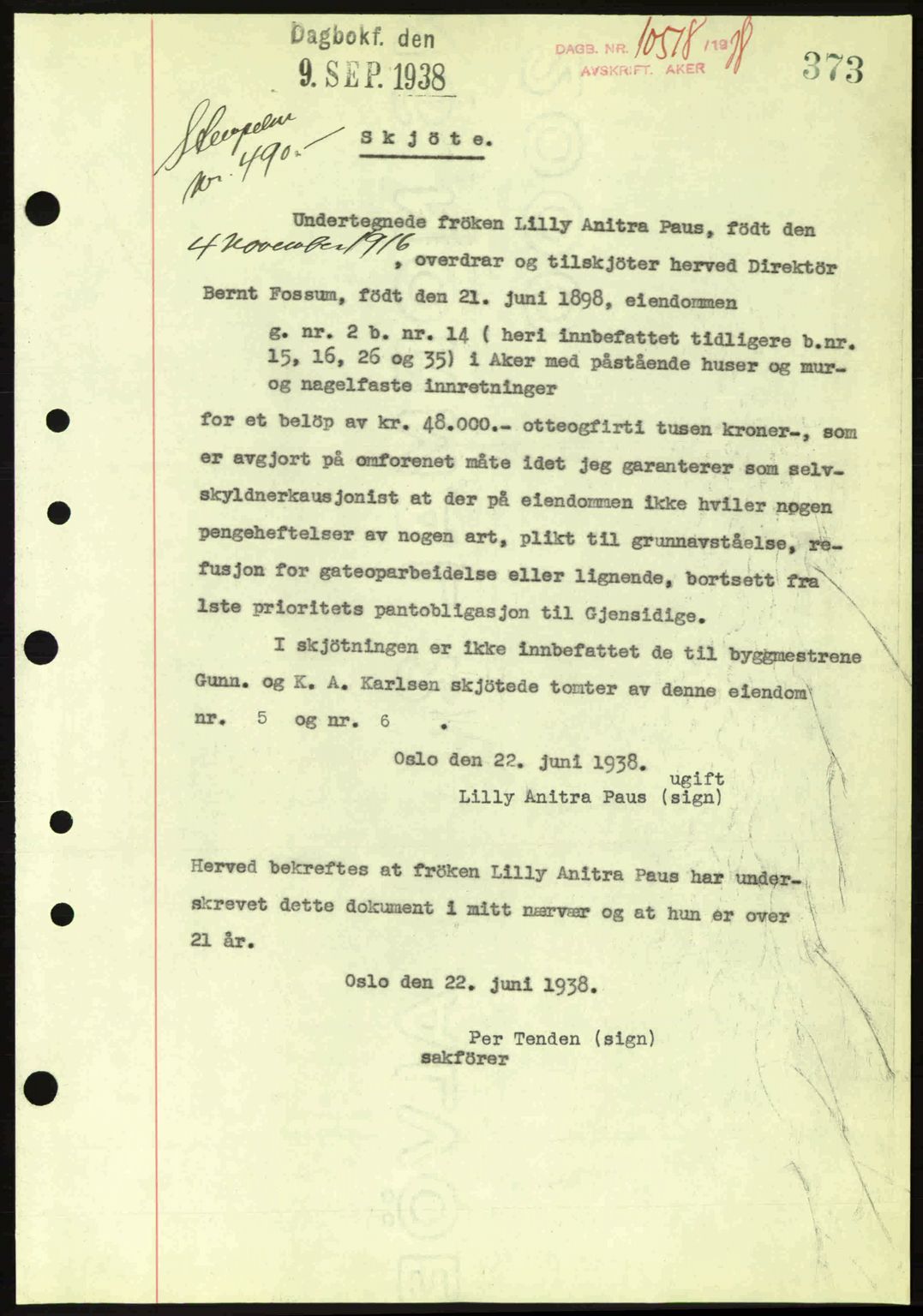 Aker herredsskriveri, SAO/A-10896/G/Gb/Gba/Gbab/L0025: Mortgage book no. A154-155, 1938-1938, Diary no: : 10518/1938