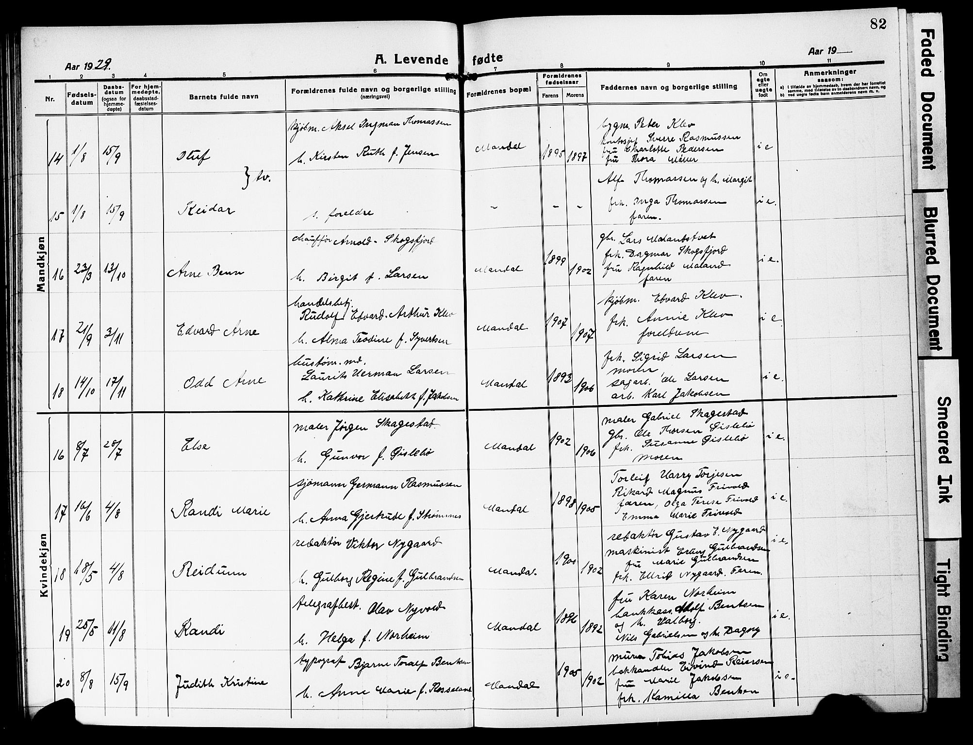 Mandal sokneprestkontor, SAK/1111-0030/F/Fb/Fbc/L0001: Parish register (copy) no. B 1, 1918-1931, p. 82