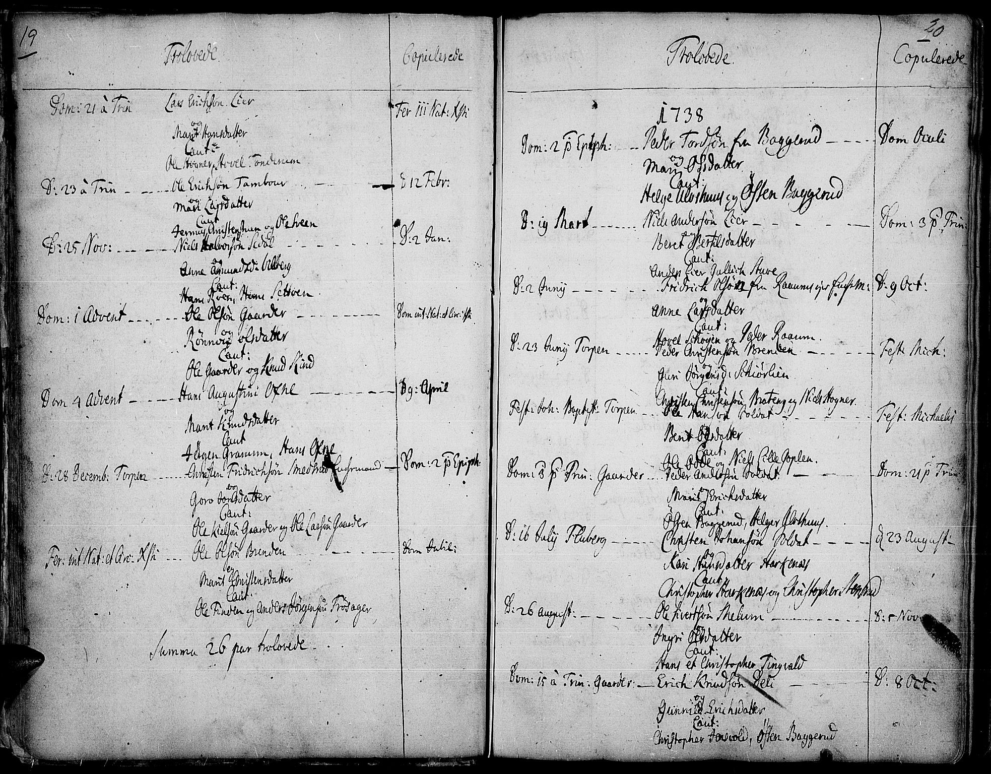 Land prestekontor, SAH/PREST-120/H/Ha/Haa/L0003: Parish register (official) no. 3, 1733-1764, p. 19-20