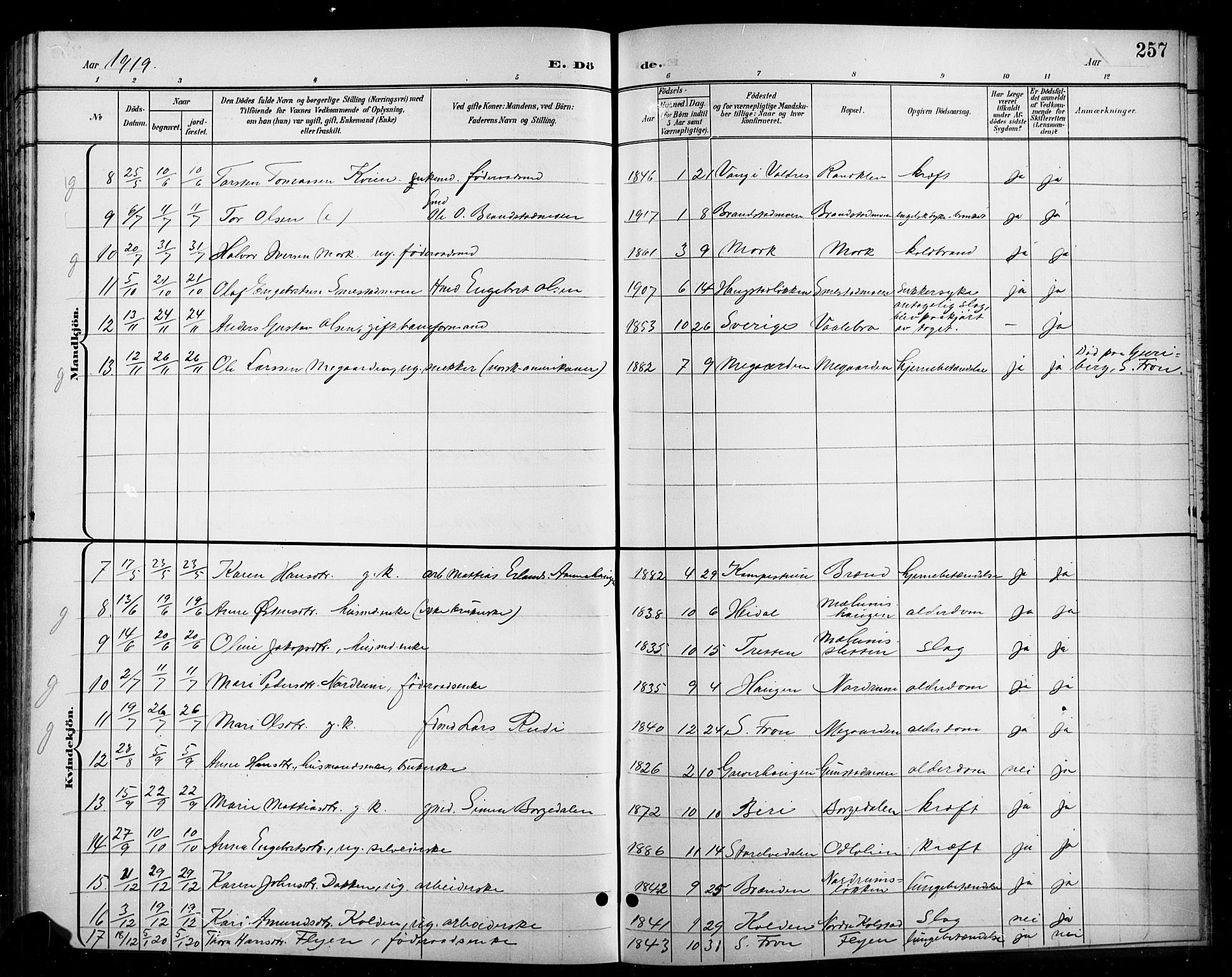 Ringebu prestekontor, AV/SAH-PREST-082/H/Ha/Hab/L0009: Parish register (copy) no. 9, 1899-1921, p. 257