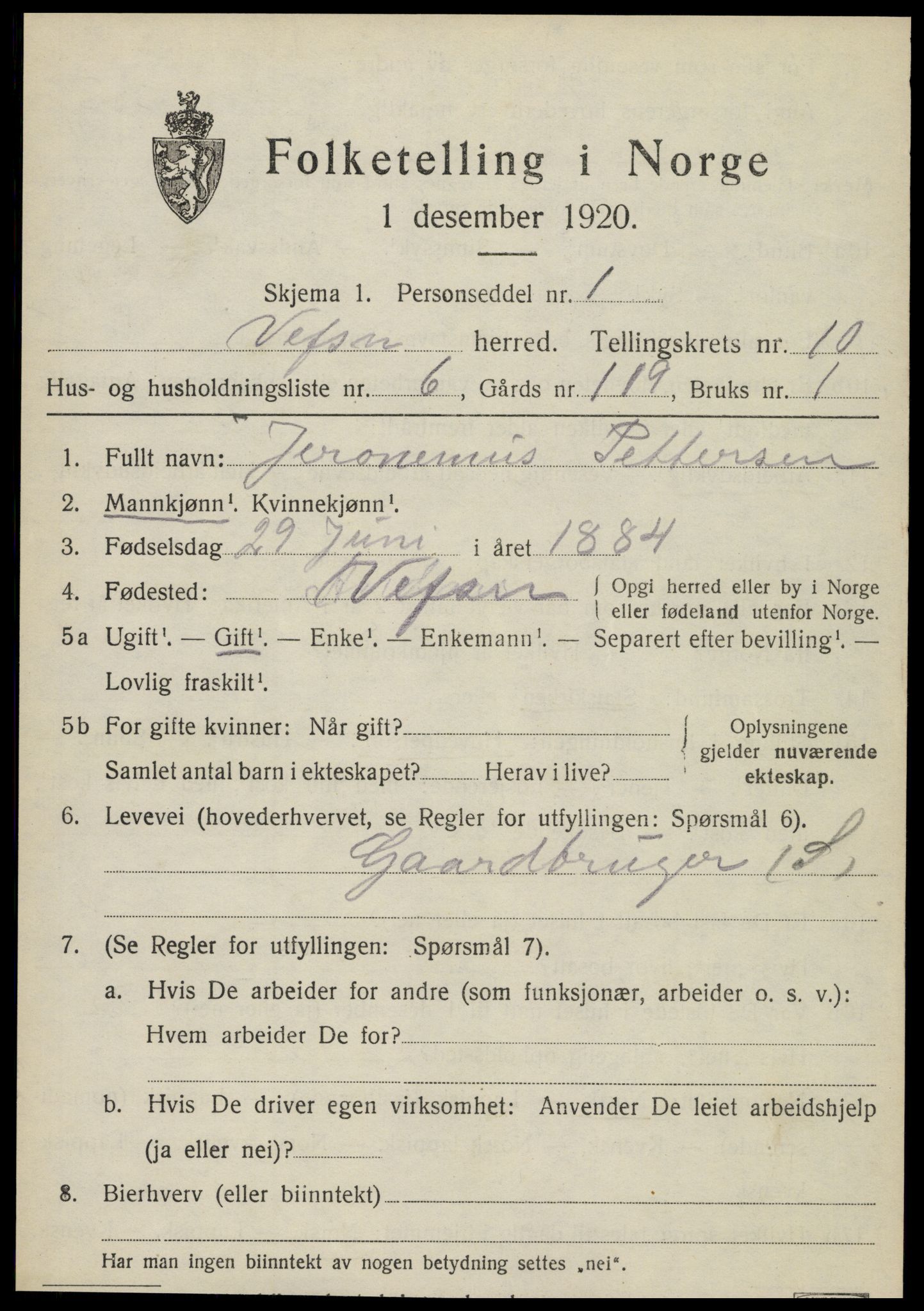 SAT, 1920 census for Vefsn, 1920, p. 6991