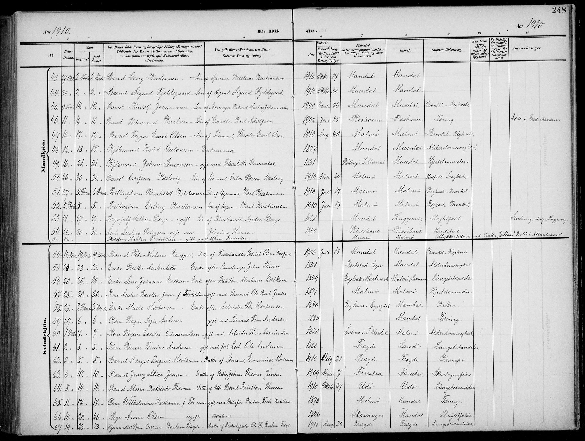 Mandal sokneprestkontor, AV/SAK-1111-0030/F/Fb/Fba/L0012: Parish register (copy) no. B 6, 1899-1918, p. 248