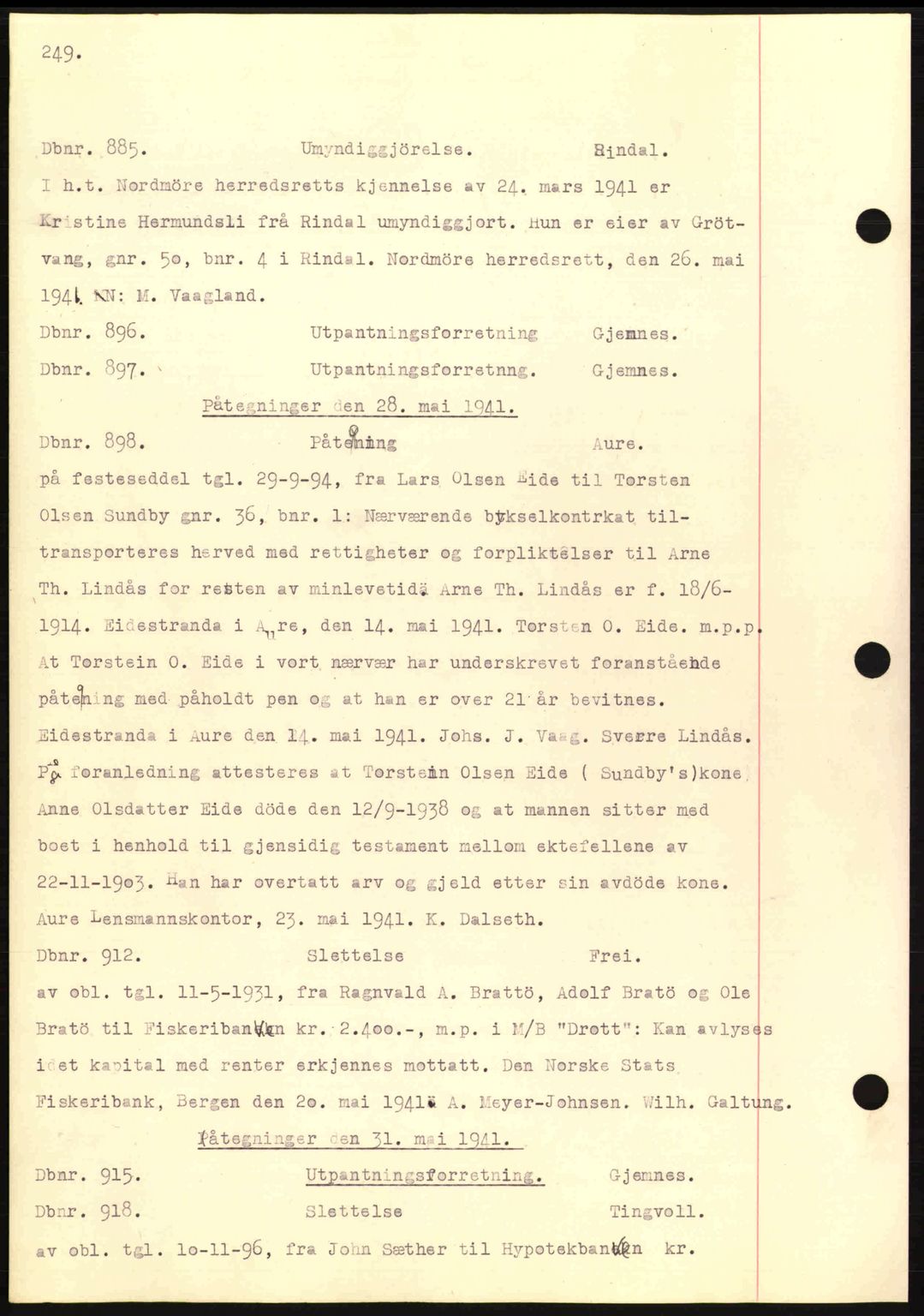 Nordmøre sorenskriveri, AV/SAT-A-4132/1/2/2Ca: Mortgage book no. C81, 1940-1945, Diary no: : 885/1941