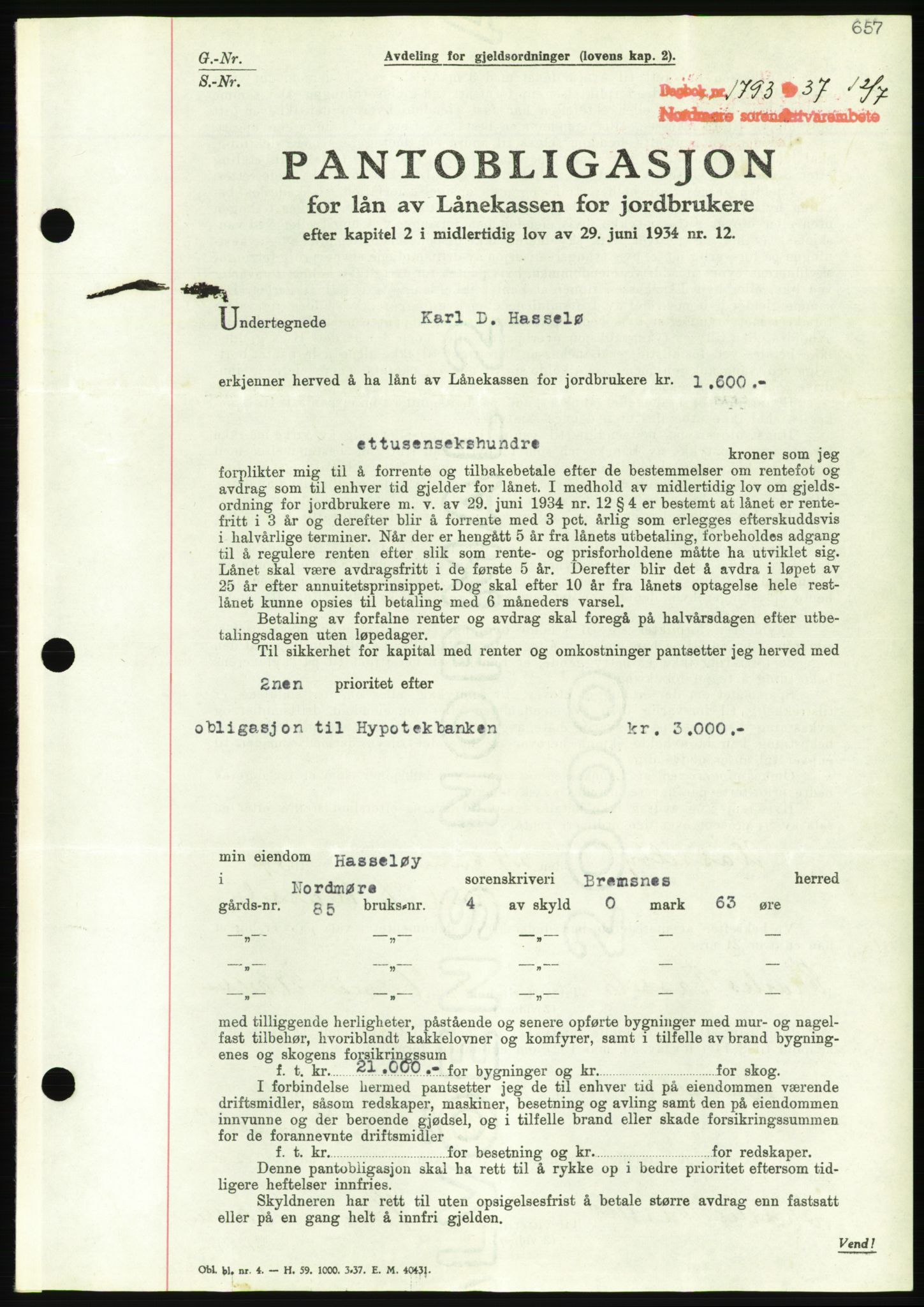 Nordmøre sorenskriveri, AV/SAT-A-4132/1/2/2Ca/L0091: Mortgage book no. B81, 1937-1937, Diary no: : 1793/1937