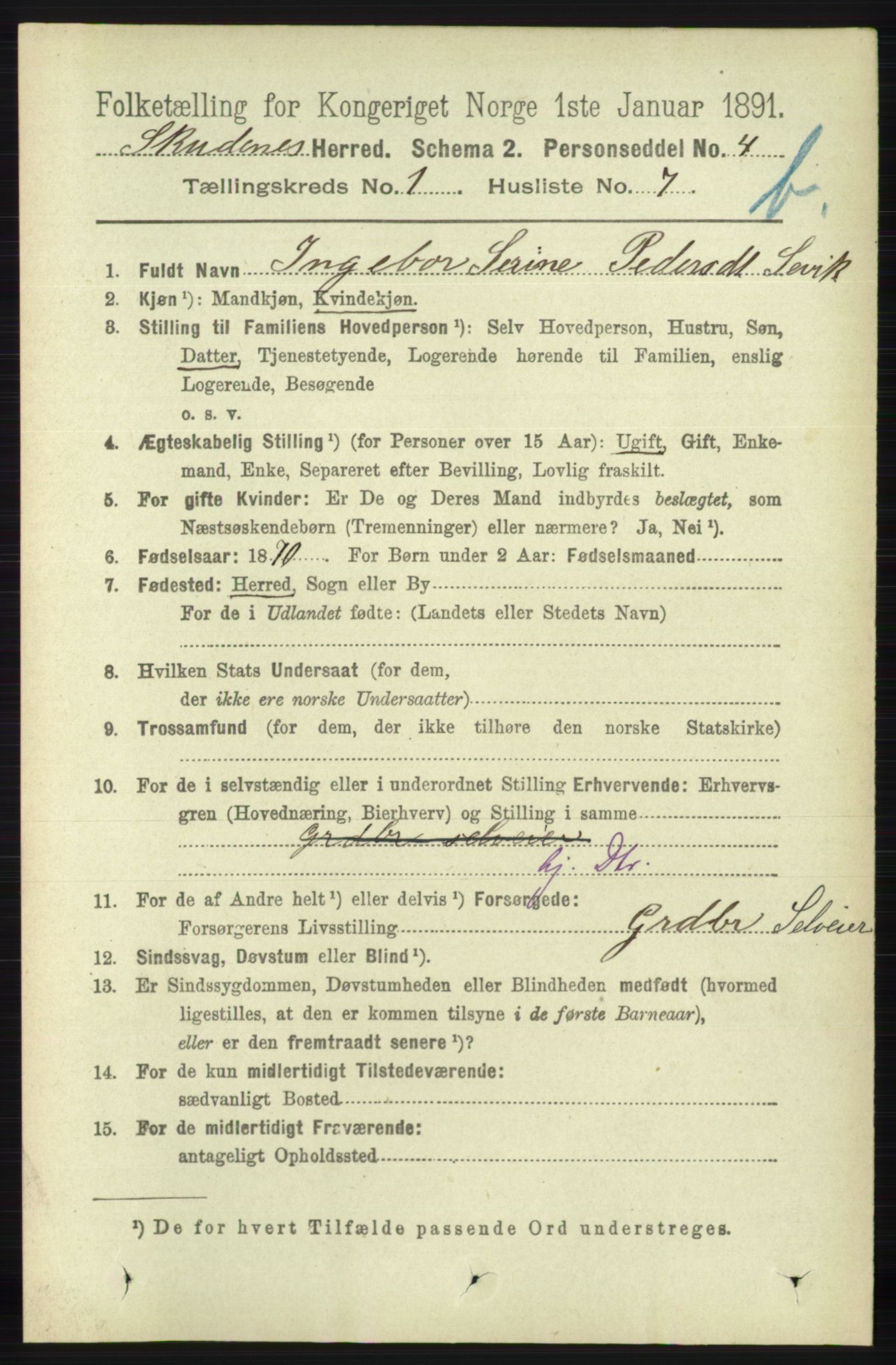 RA, 1891 census for 1150 Skudenes, 1891, p. 3441