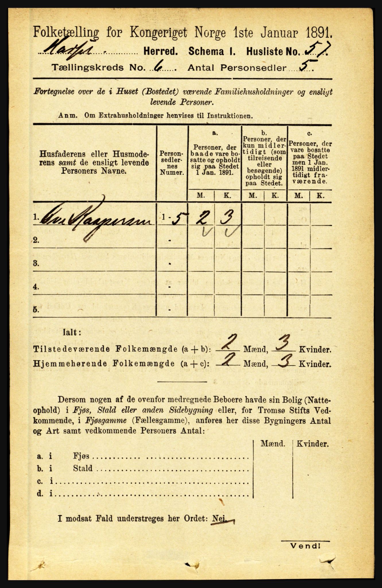 RA, 1891 census for 1866 Hadsel, 1891, p. 2636