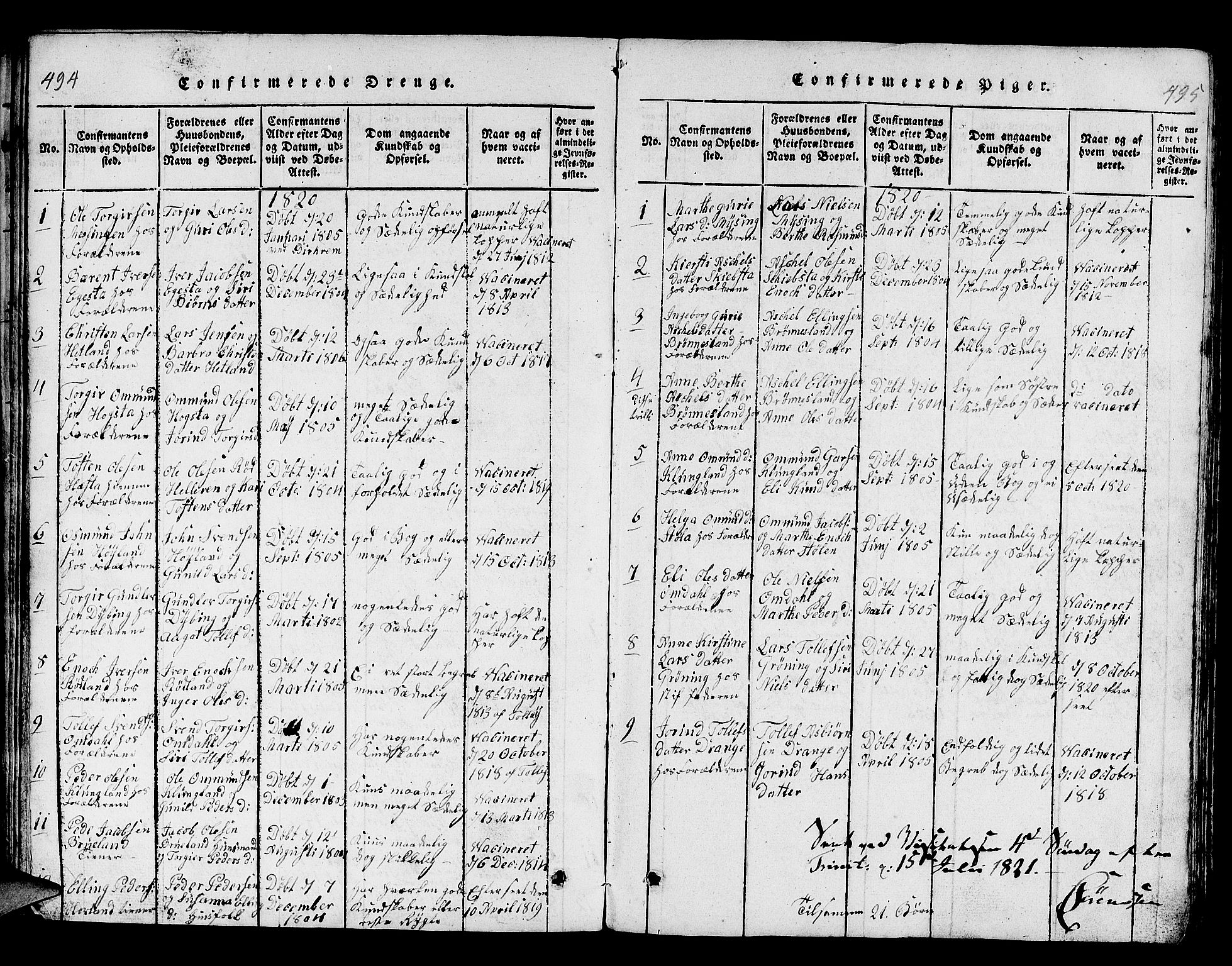 Helleland sokneprestkontor, SAST/A-101810: Parish register (copy) no. B 1, 1815-1841, p. 494-495