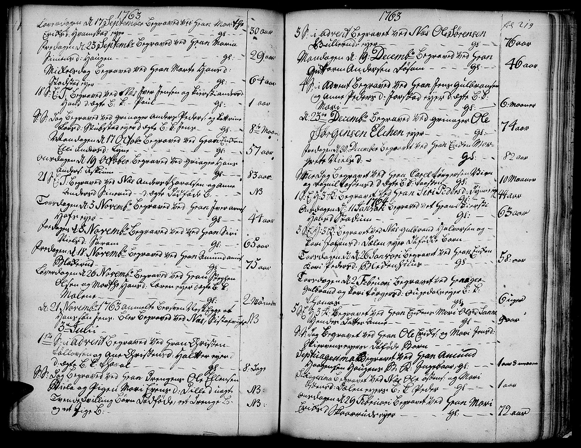 Gran prestekontor, SAH/PREST-112/H/Ha/Haa/L0004: Parish register (official) no. 4, 1759-1775, p. 219