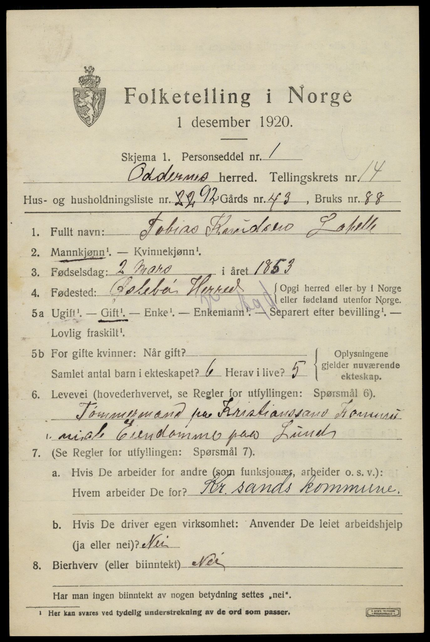 SAK, 1920 census for Oddernes, 1920, p. 9673