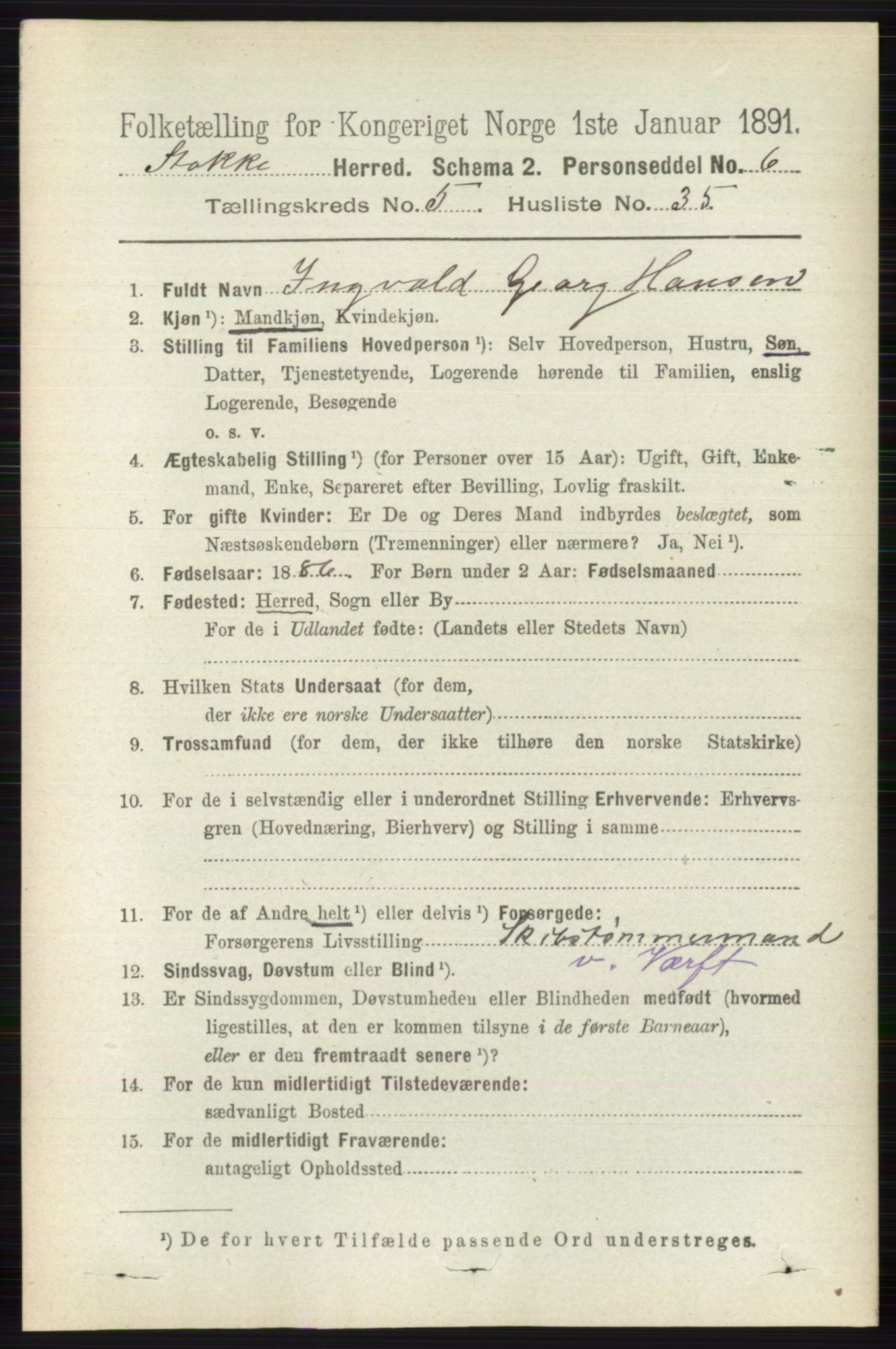 RA, 1891 census for 0720 Stokke, 1891, p. 3284