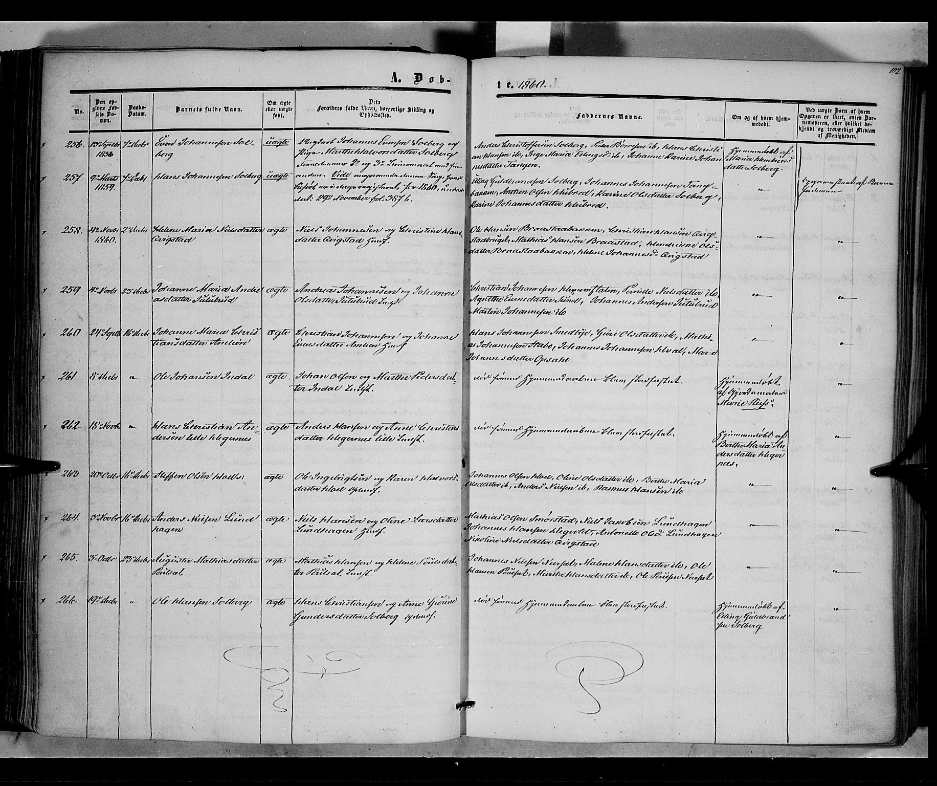 Vestre Toten prestekontor, SAH/PREST-108/H/Ha/Haa/L0006: Parish register (official) no. 6, 1856-1861, p. 102