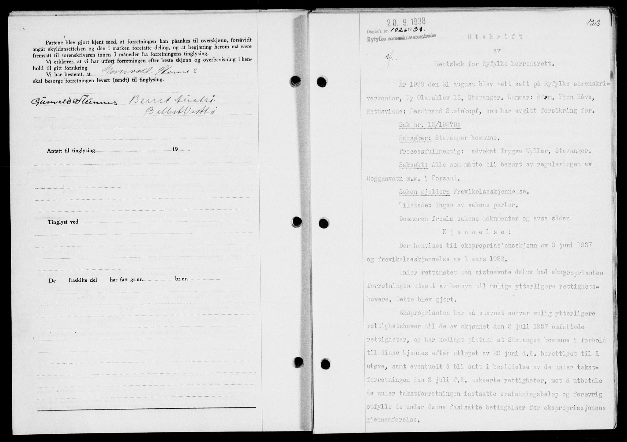 Ryfylke tingrett, SAST/A-100055/001/II/IIB/L0078: Mortgage book no. 57, 1938-1938, Diary no: : 1026/1938