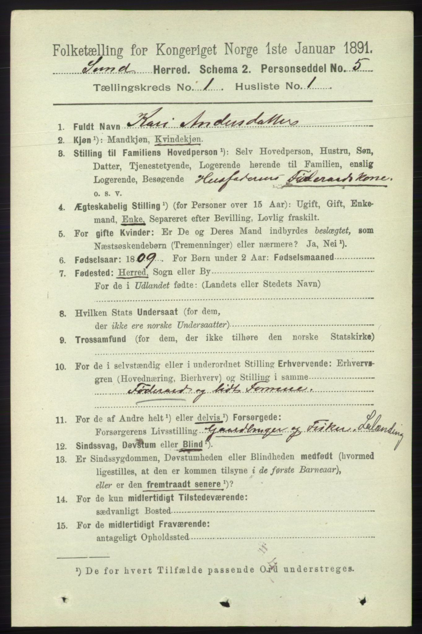 RA, 1891 census for 1245 Sund, 1891, p. 93