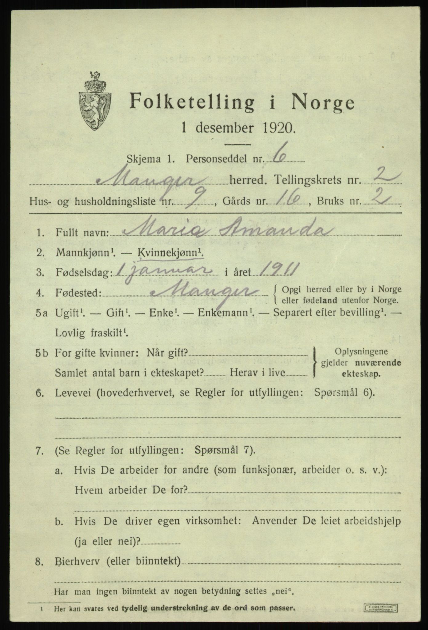 SAB, 1920 census for Manger, 1920, p. 2087