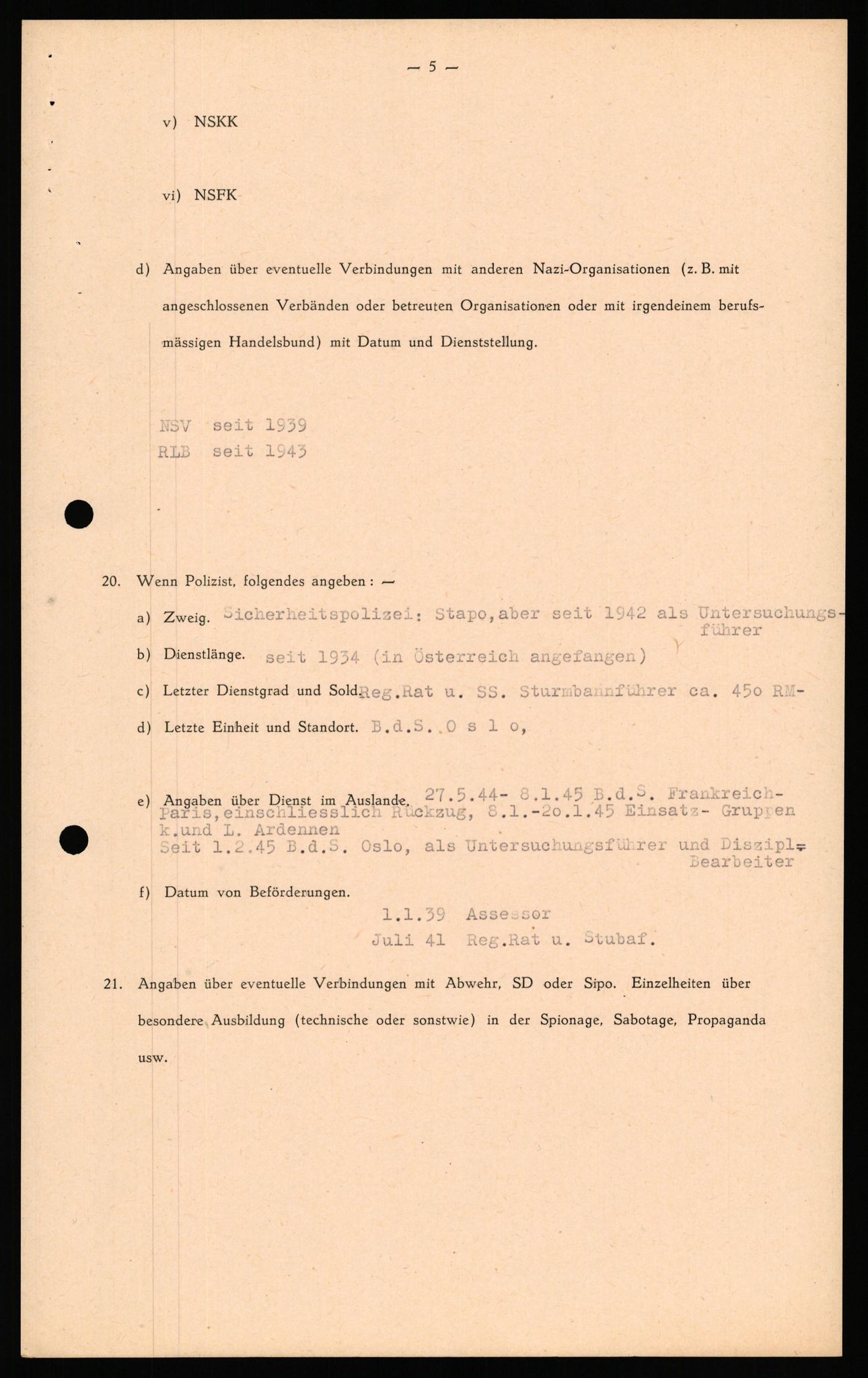 Forsvaret, Forsvarets overkommando II, AV/RA-RAFA-3915/D/Db/L0039: CI Questionaires. Tyske okkupasjonsstyrker i Norge. Østerrikere., 1945-1946, p. 199