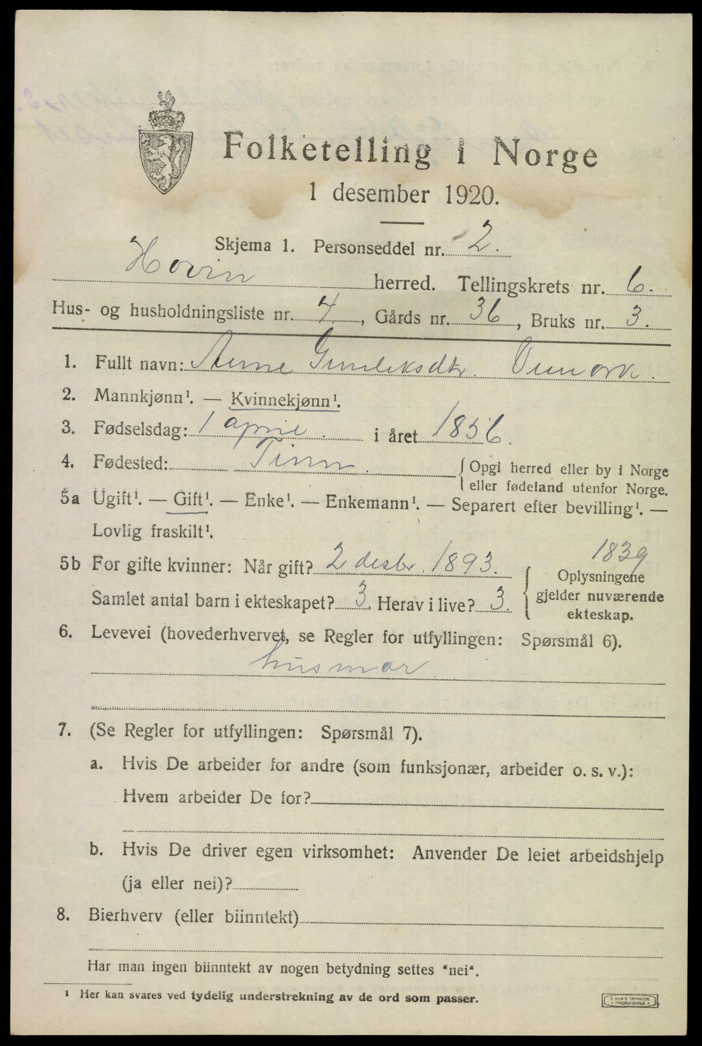 SAKO, 1920 census for Hovin, 1920, p. 1475
